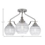 Odyssey Three Light Semi-Flush Mount in Brushed Nickel with 6" Clear Ribbed Shade