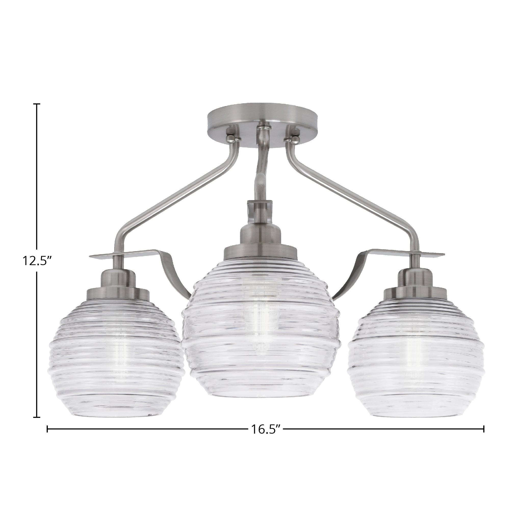 Odyssey Three Light Semi-Flush Mount in Brushed Nickel with 6" Clear Ribbed Shade