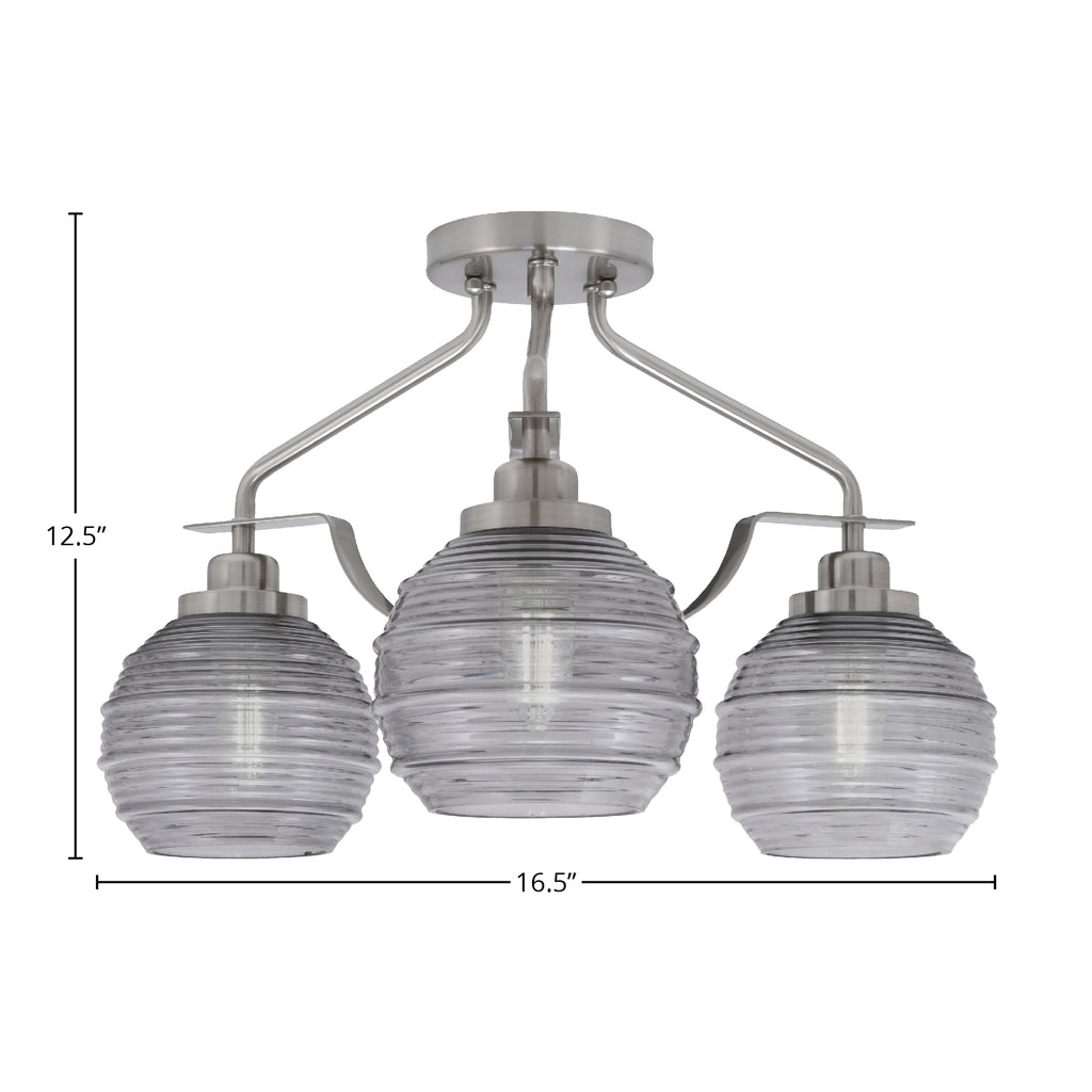 Odyssey Three Light Semi-Flush Mount in Brushed Nickel with 6" Smoke Ribbed Shade