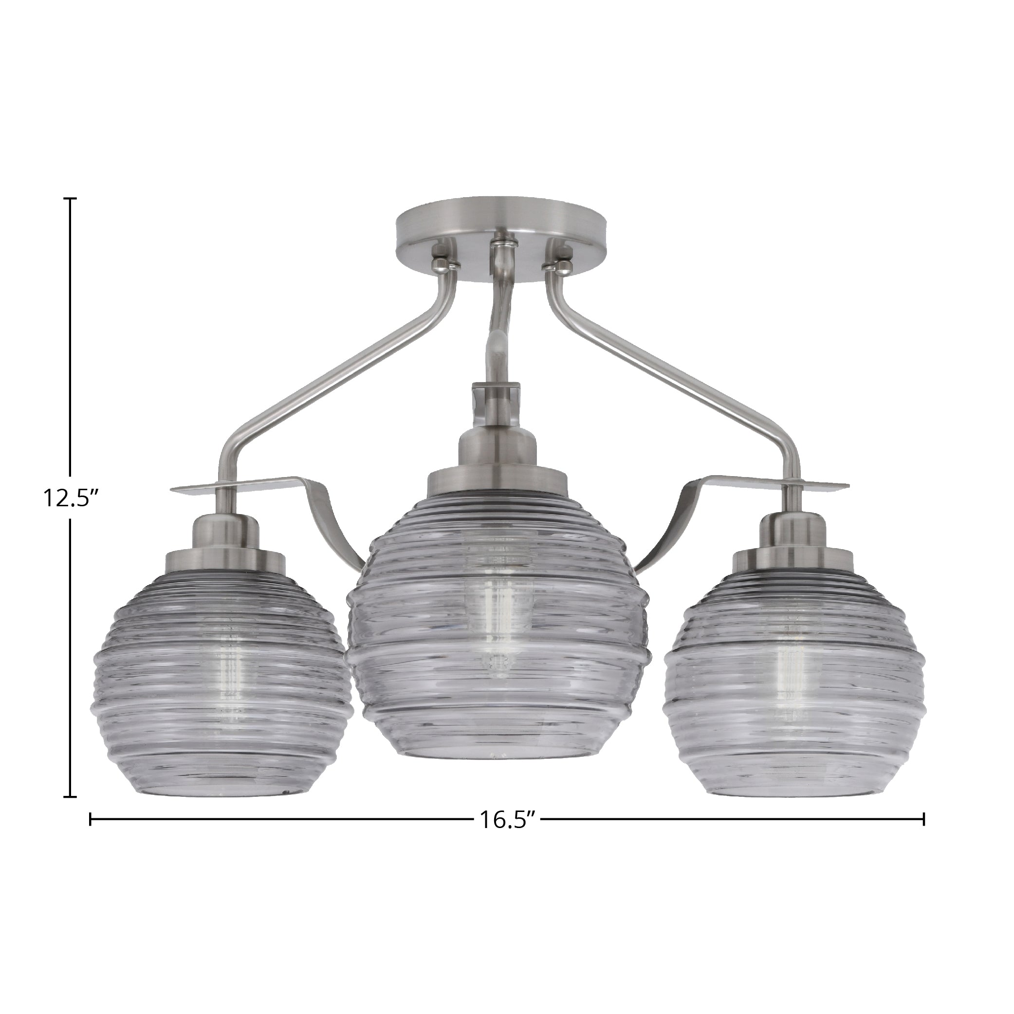Odyssey Three Light Semi-Flush Mount in Brushed Nickel with 6" Smoke Ribbed Shade