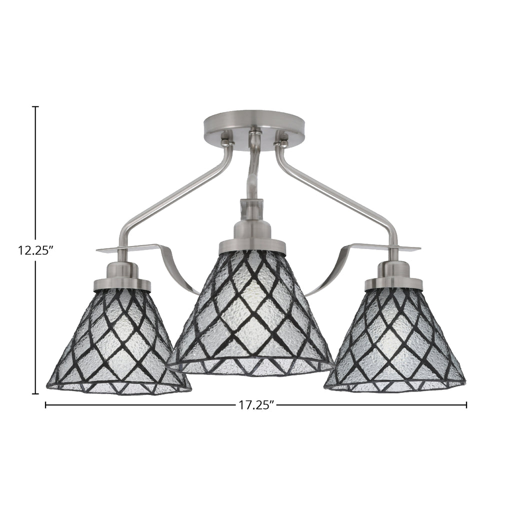 Odyssey Three Light Semi-Flush Mount in Brushed Nickel with 7" Diamond Ice Art Glass Shade