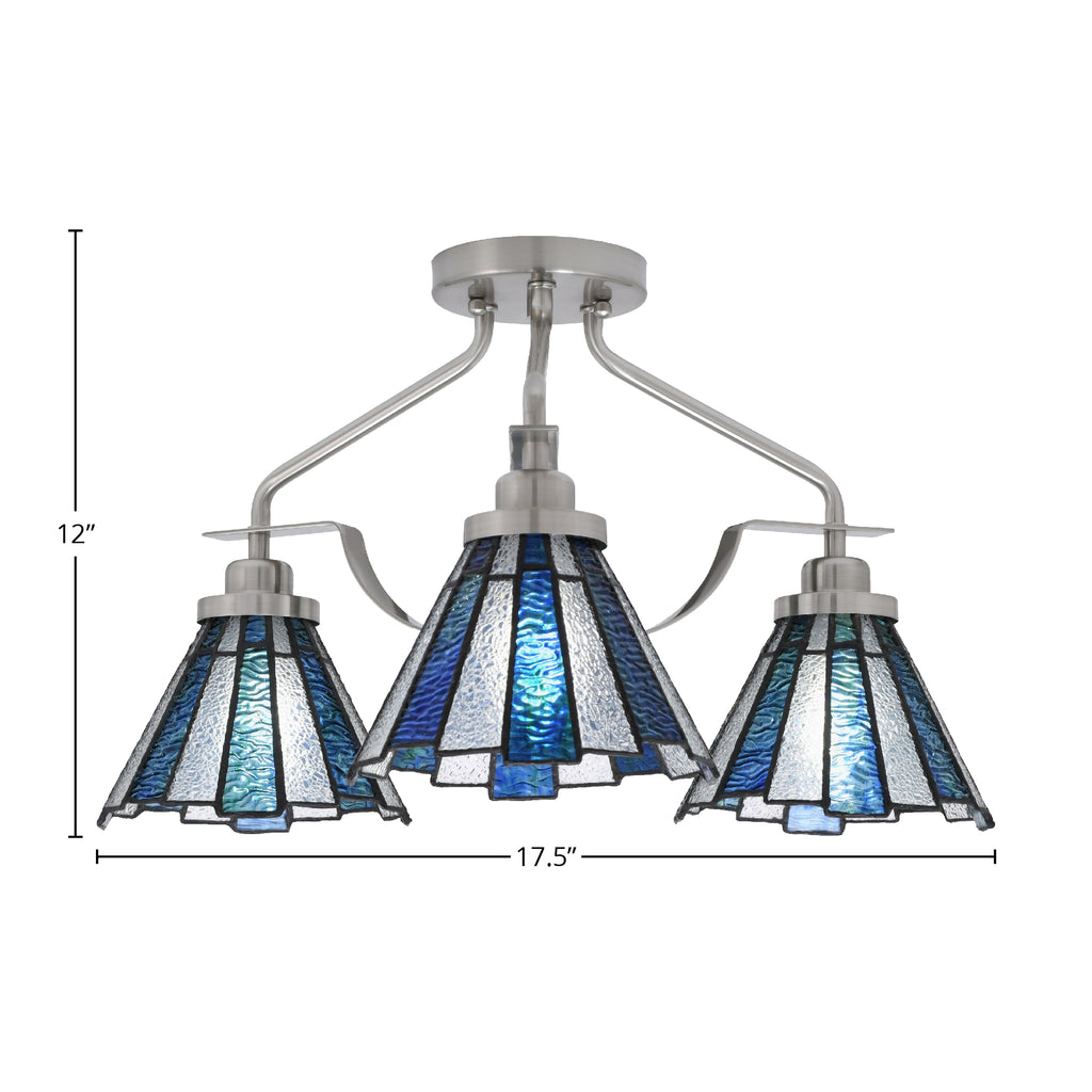 Odyssey Three Light Semi-Flush Mount in Brushed Nickel with 7" Sea Ice Art Glass Shade