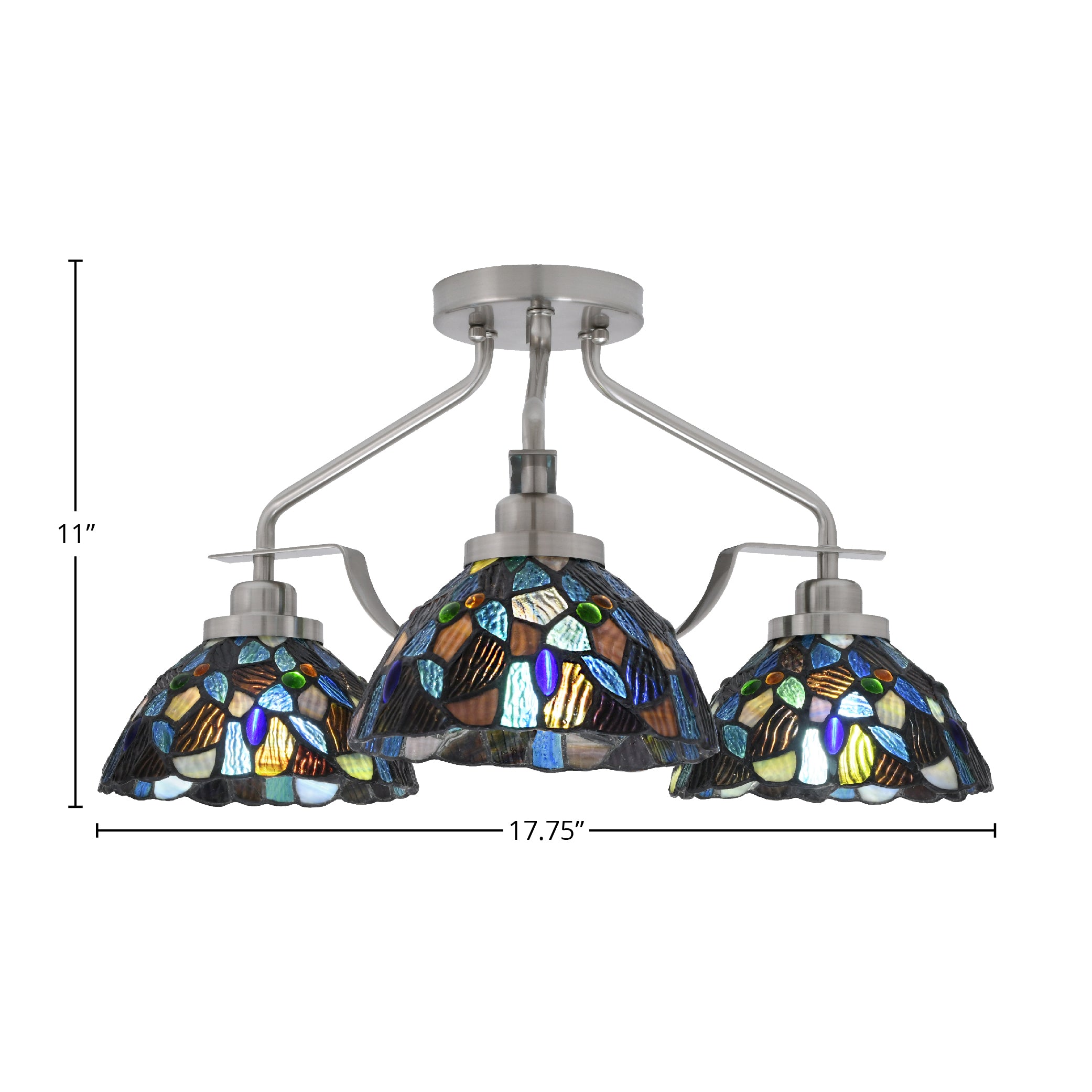 Odyssey Three Light Semi-Flush Mount in Brushed Nickel with 7" Blue Mosaic Art Glass Shade