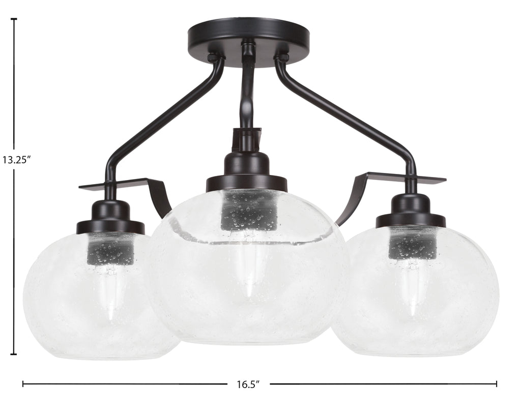 Odyssey Three Light Semi-Flush Mount in Matte Black with 7" Clear Bubble Shade