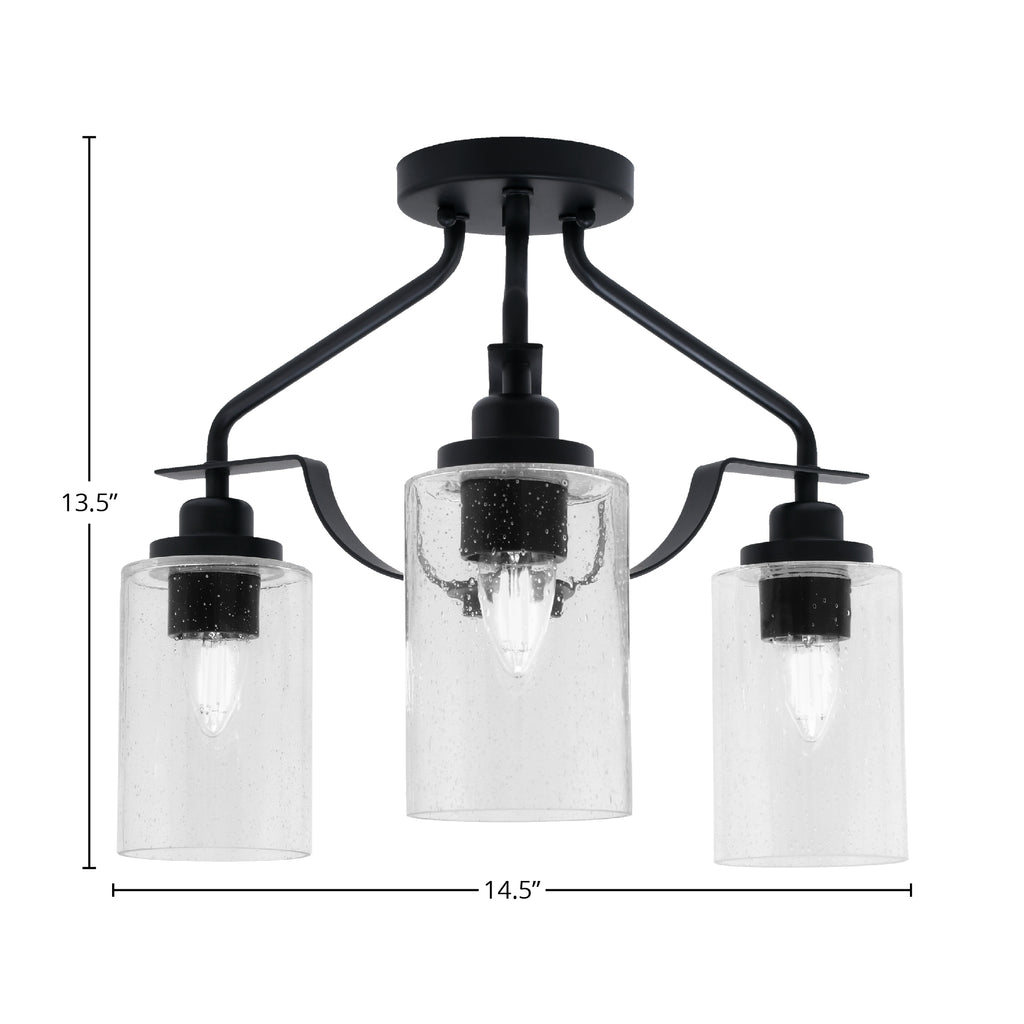 Odyssey Three Light Semi-Flush Mount in Matte Black with 4" Clear Bubble Shade