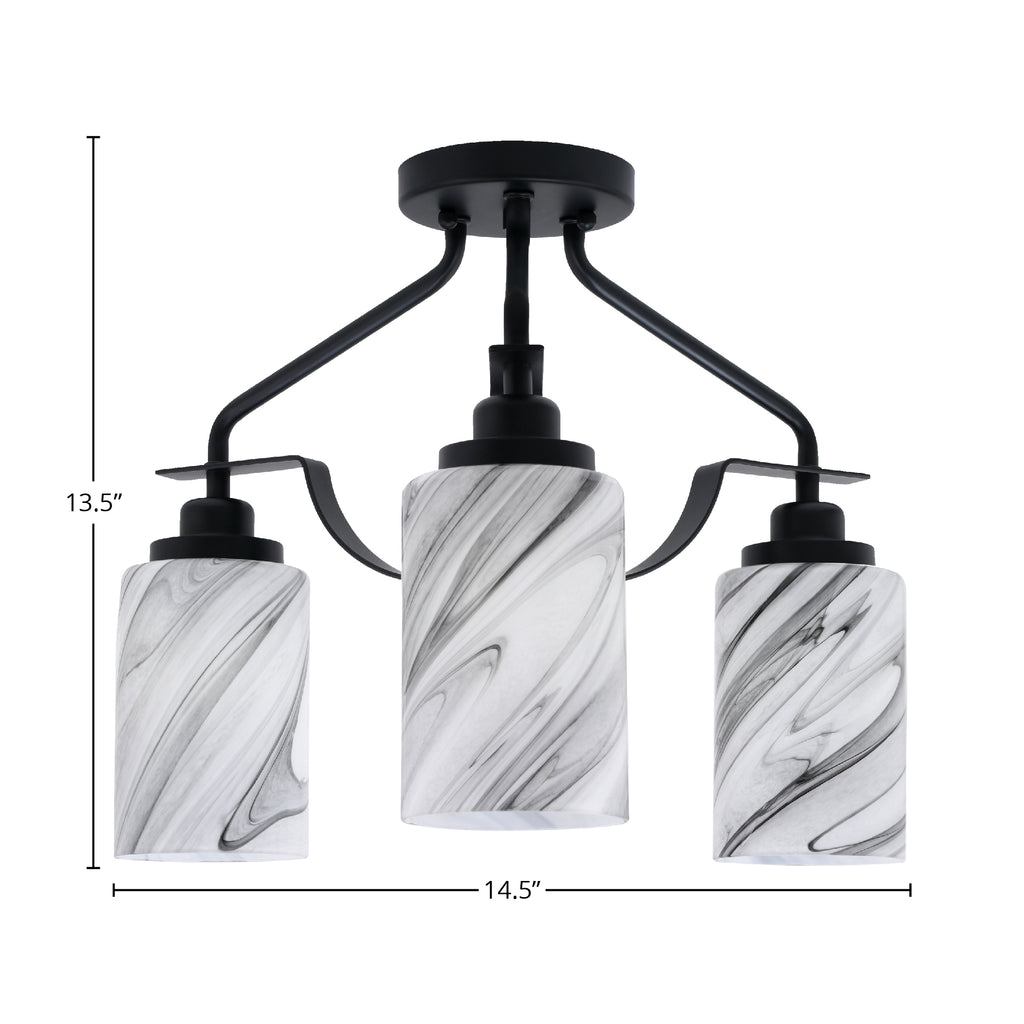 Odyssey Three Light Semi-Flush Mount in Matte Black with 4" Onyx Swirl Shade