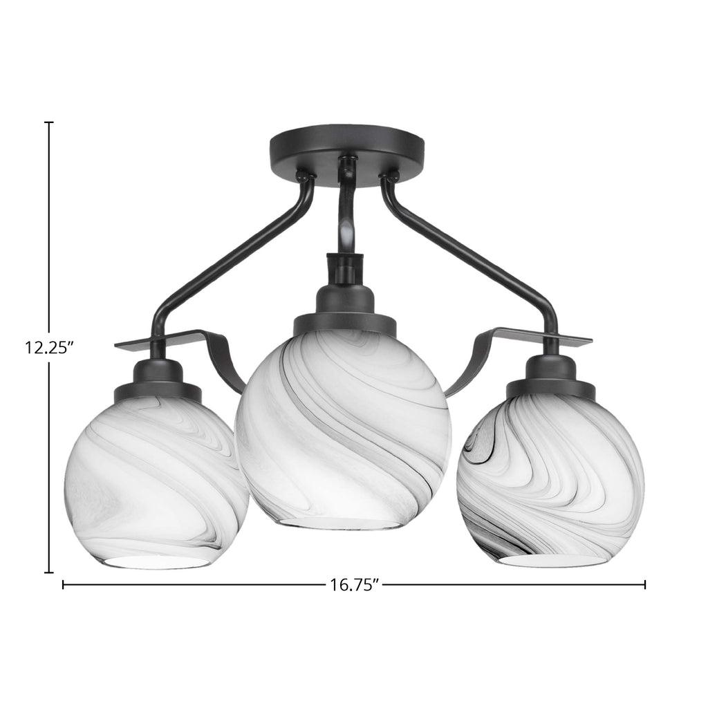 Odyssey Three Light Semi-Flush Mount in Matte Black with 5.75" Onyx Swirl Shade