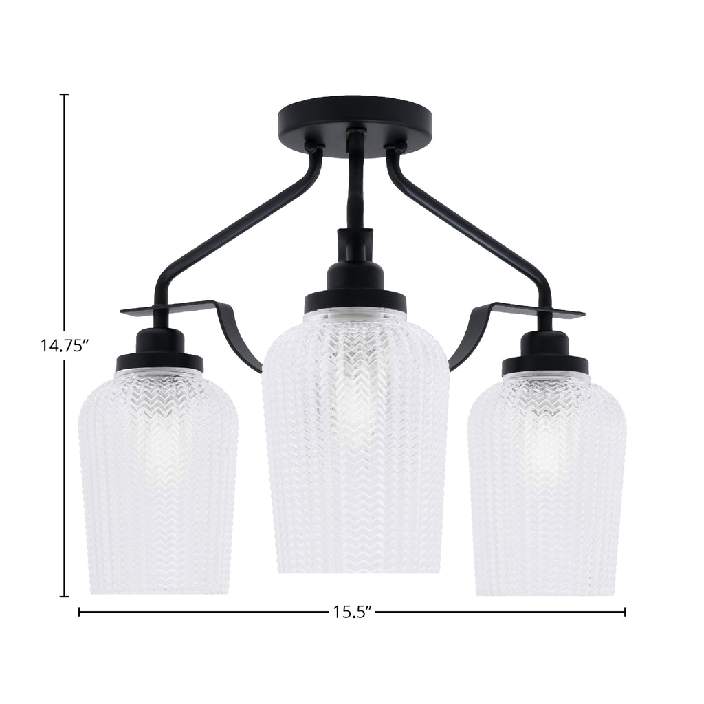 Odyssey Three Light Semi-Flush Mount in Matte Black with 5" Clear Textured Shade