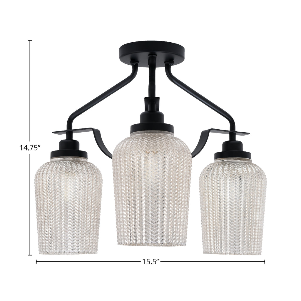 Odyssey Three Light Semi-Flush Mount in Matte Black with 5" Silver Textured Shade