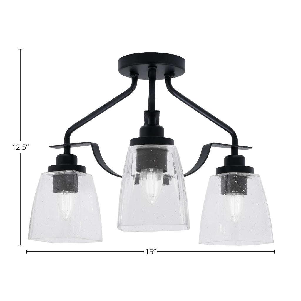 Odyssey Three Light Semi-Flush Mount in Matte Black with 4.5" Square Clear Bubble Shade
