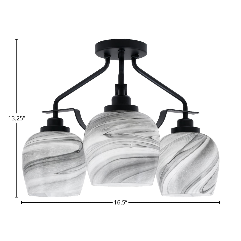 Odyssey Three Light Semi-Flush Mount in Matte Black with 6" Onyx Swirl Shade