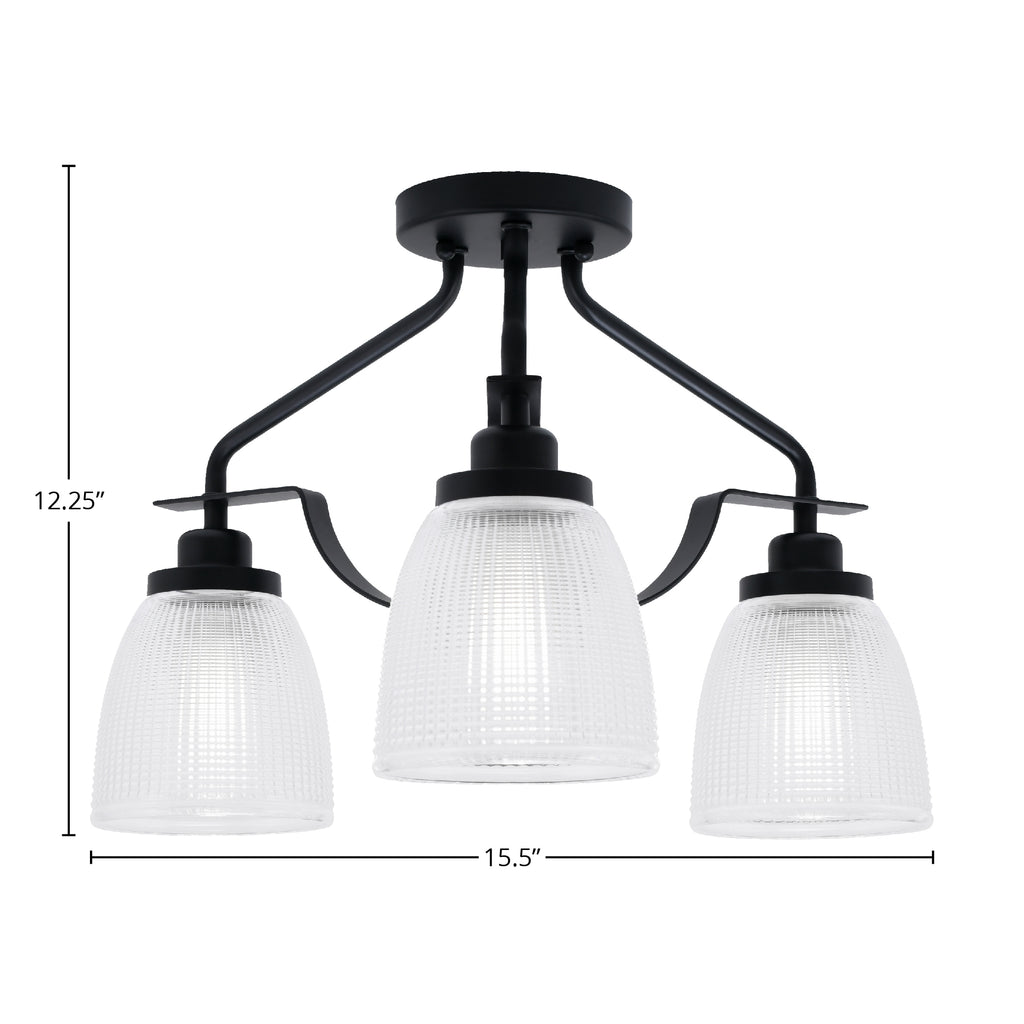Odyssey Three Light Semi-Flush Mount in Matte Black with 5" Clear Ribbed Shade
