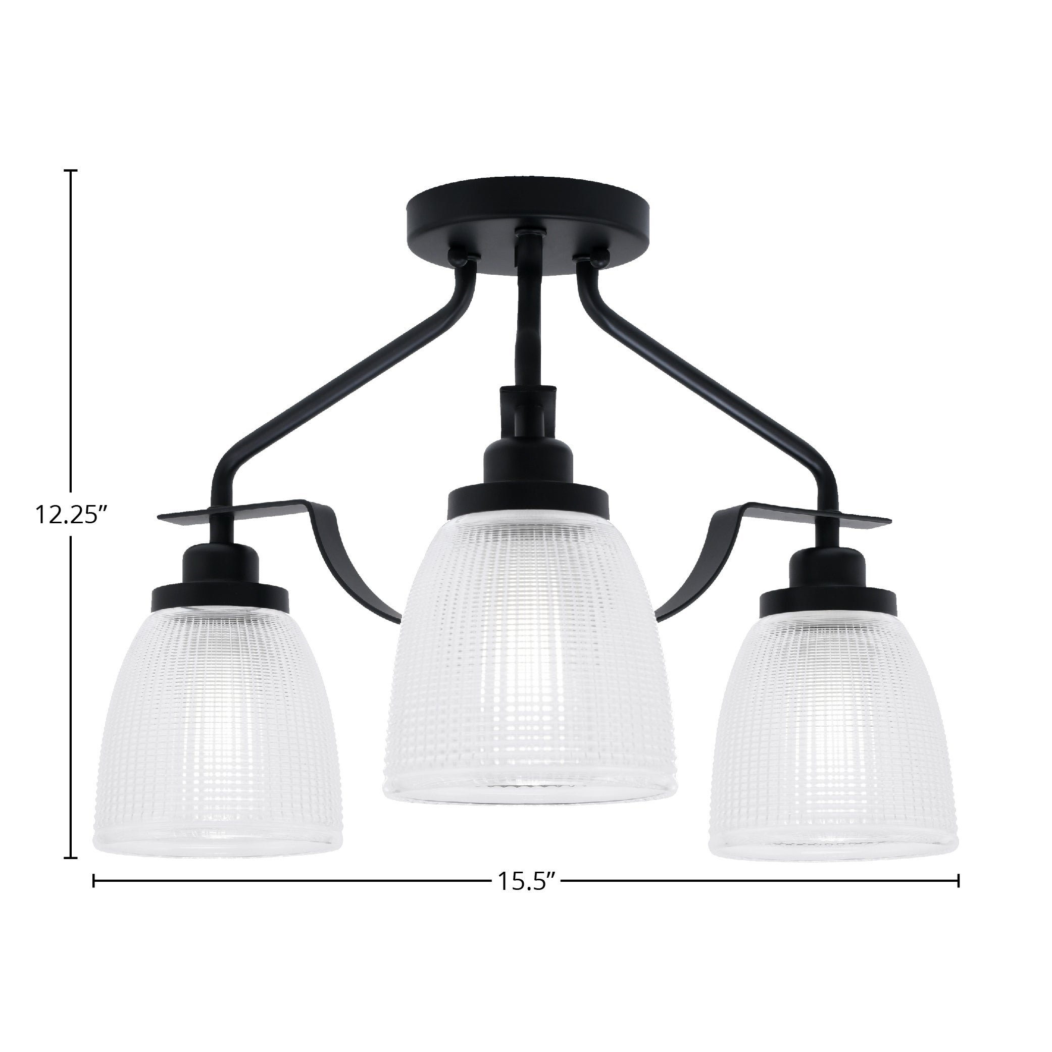 Odyssey Three Light Semi-Flush Mount in Matte Black with 5" Clear Ribbed Shade