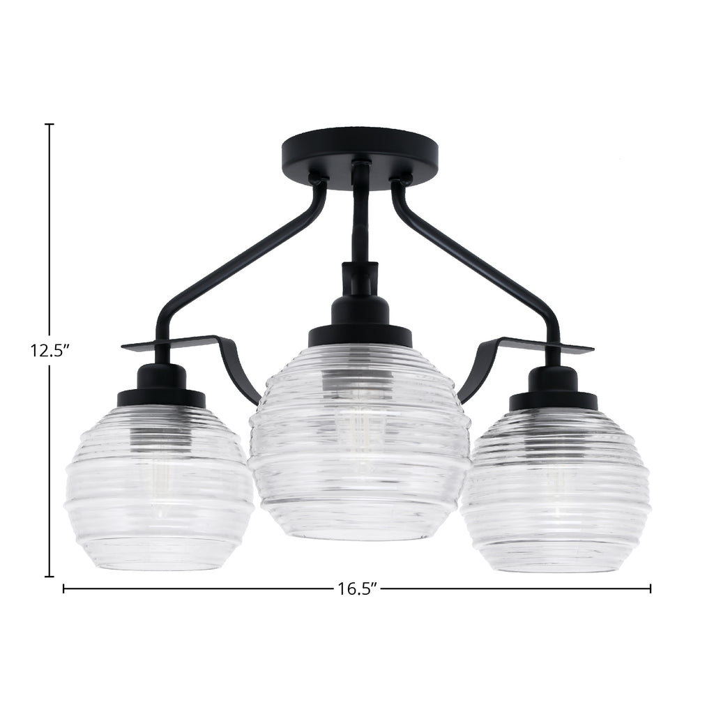 Odyssey Three Light Semi-Flush Mount in Matte Black with 6" Clear Ribbed Shade