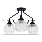 Odyssey Three Light Semi-Flush Mount in Matte Black with 6" Clear Ribbed Shade