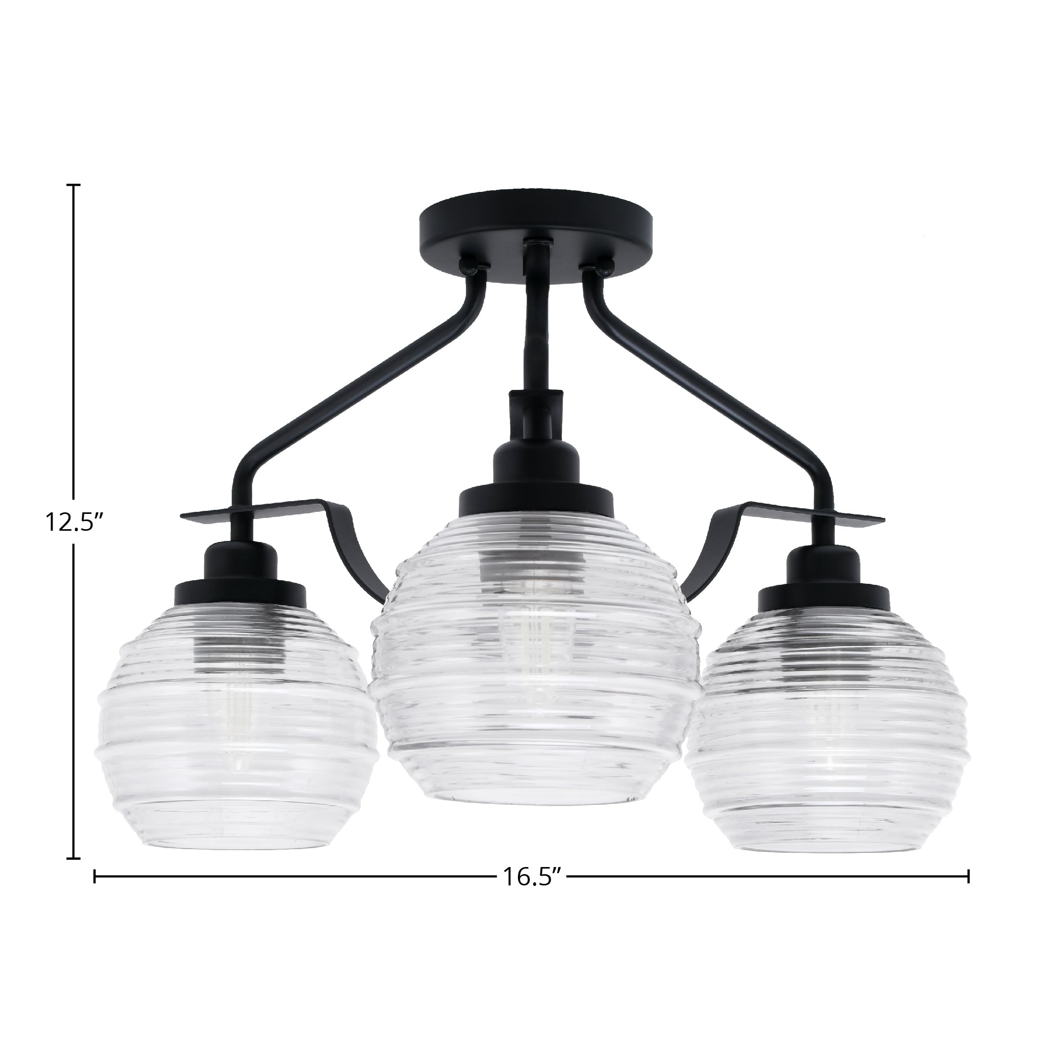 Odyssey Three Light Semi-Flush Mount in Matte Black with 6" Clear Ribbed Shade
