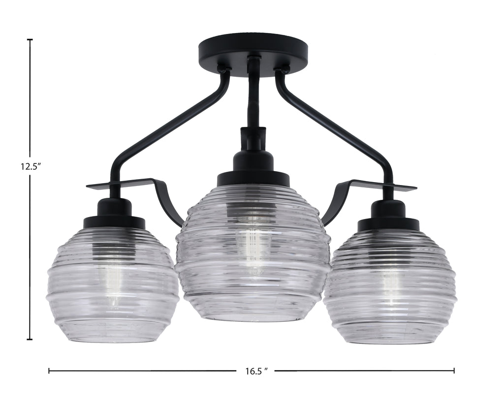 Odyssey Three Light Semi-Flush Mount in Matte Black with 6" Smoke Ribbed Shade