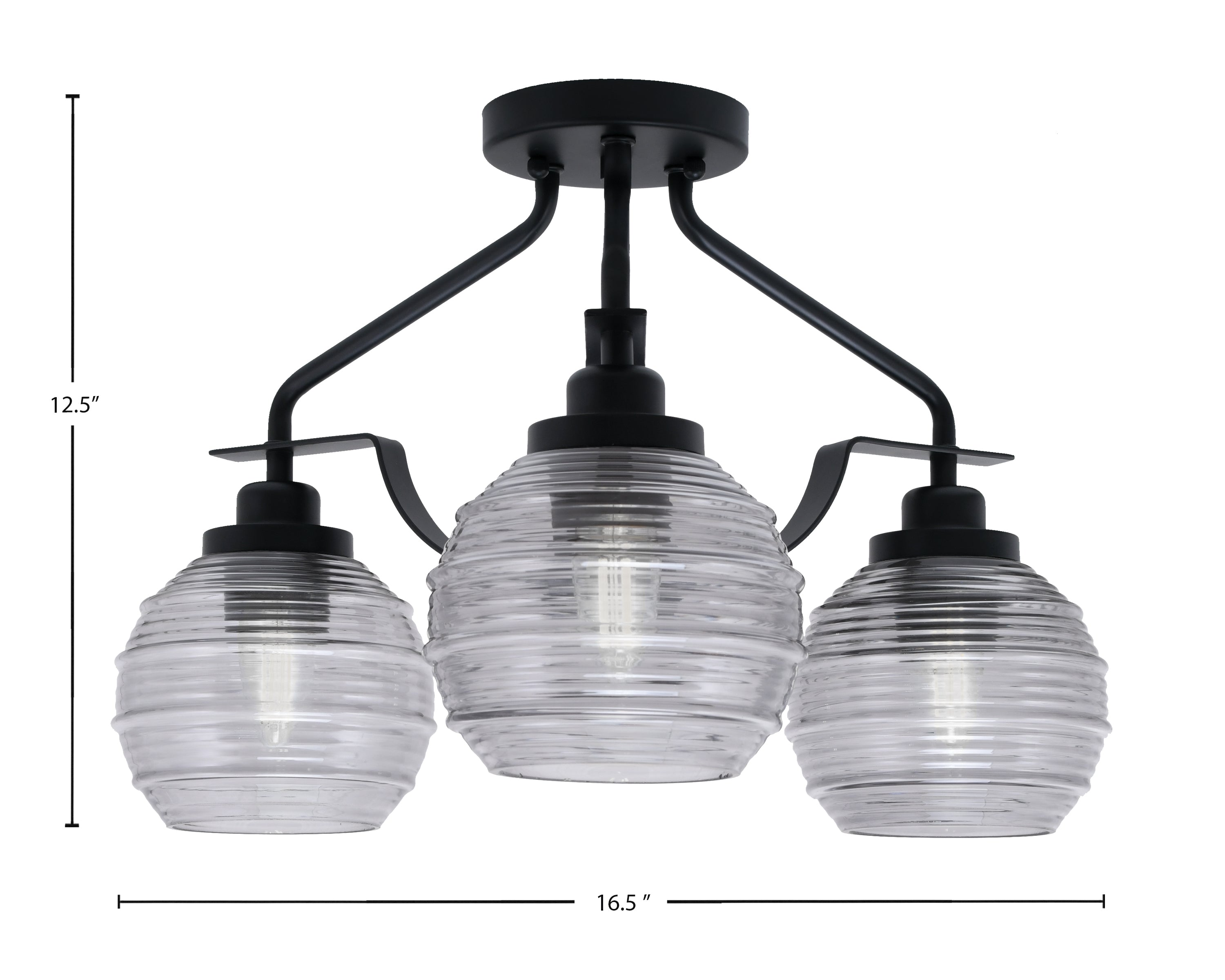 Odyssey Three Light Semi-Flush Mount in Matte Black with 6" Smoke Ribbed Shade