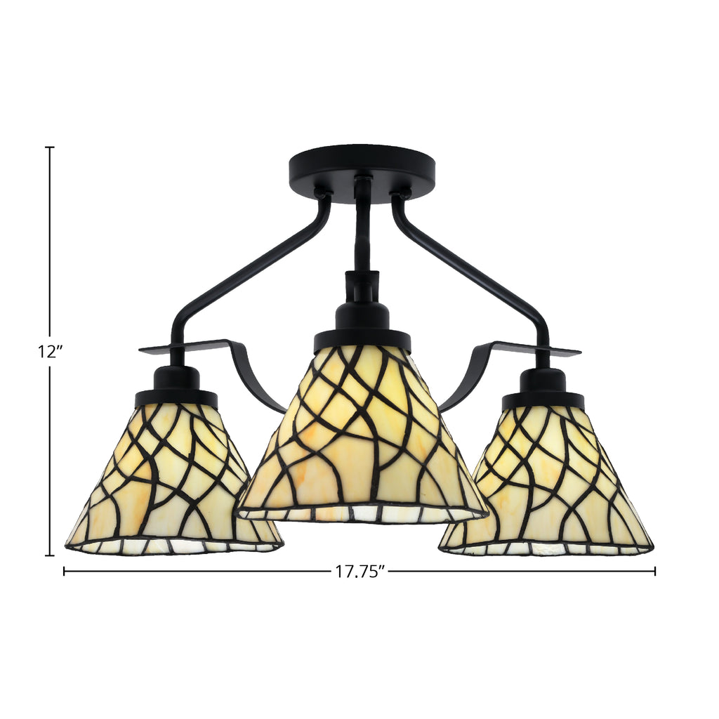 Odyssey Three Light Semi-Flush Mount in Matte Black with 7" Sandhill Art Glass Shade