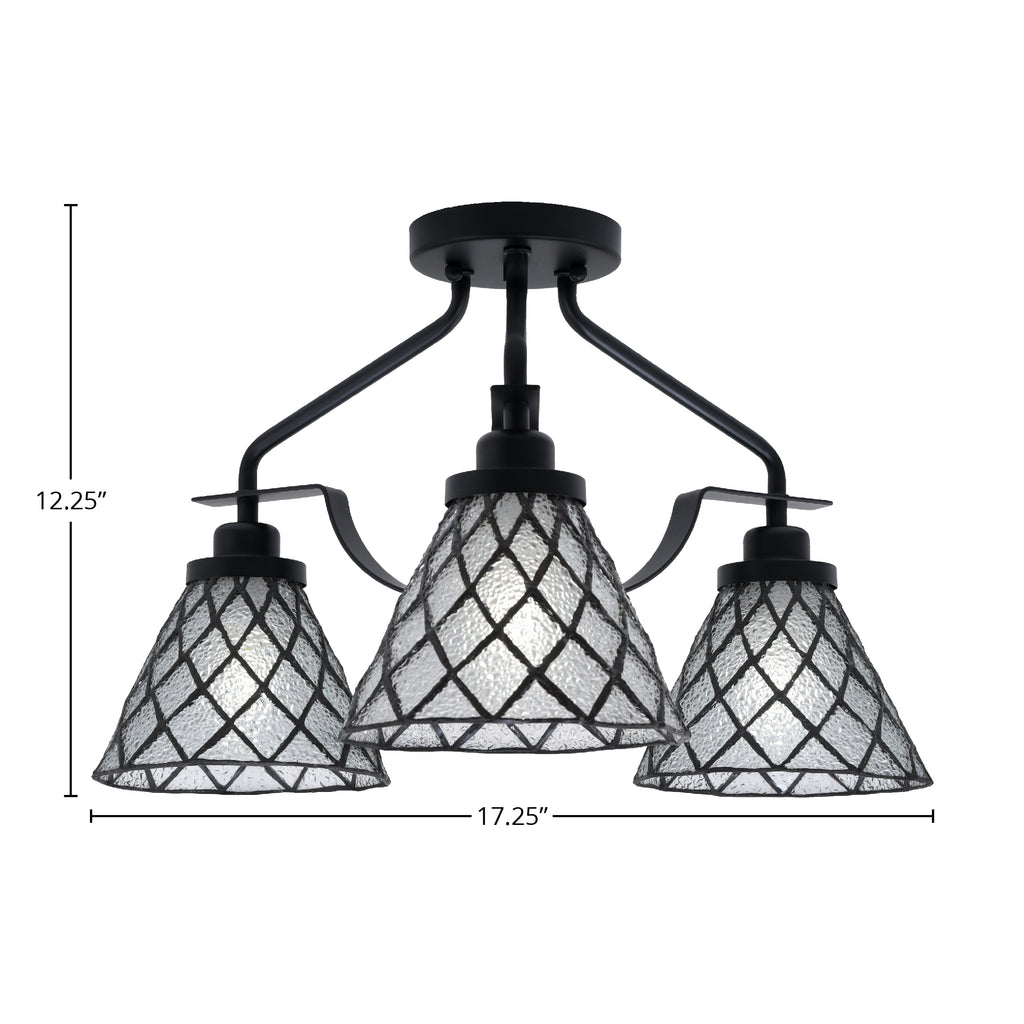 Odyssey Three Light Semi-Flush Mount in Matte Black with 7" Diamond Ice Art Glass Shade