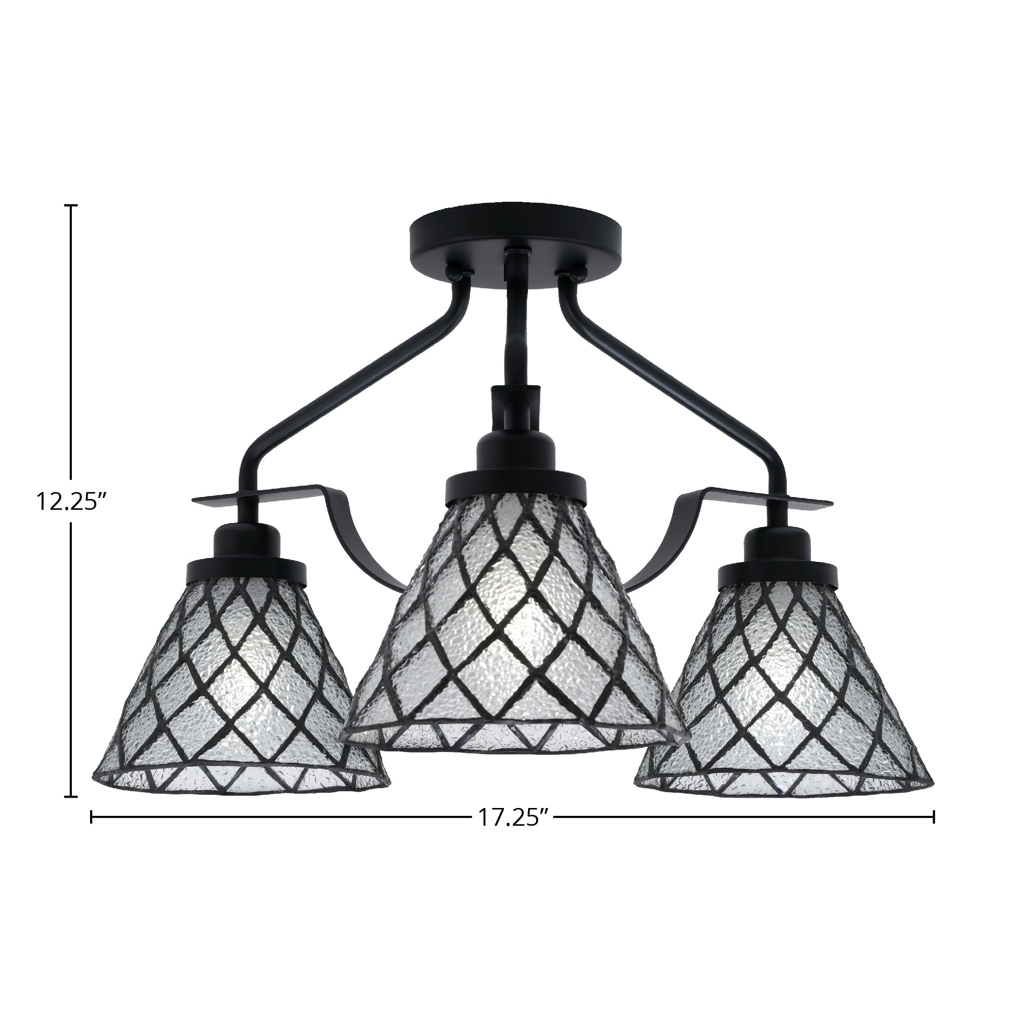 Odyssey Three Light Semi-Flush Mount in Matte Black with 7" Diamond Ice Art Glass Shade