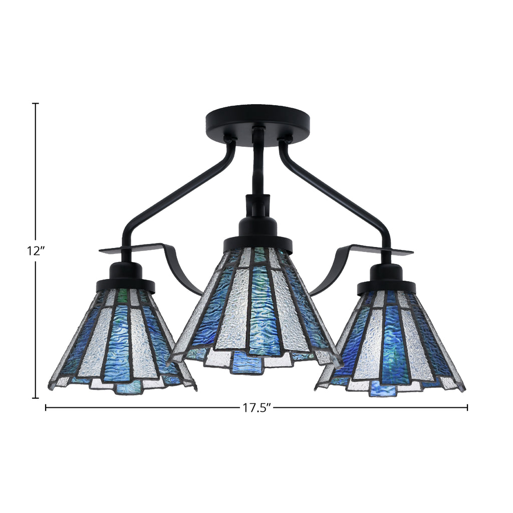 Odyssey Three Light Semi-Flush Mount in Matte Black with 7" Sea Ice Art Glass Shade