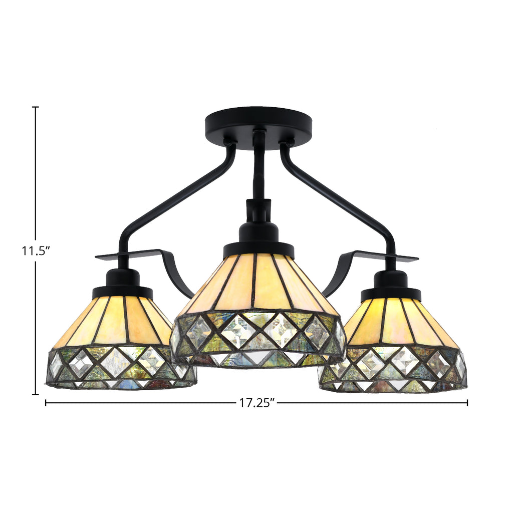 Odyssey Three Light Semi-Flush Mount in Matte Black with 7" Diamond Peak Art Glass Shade