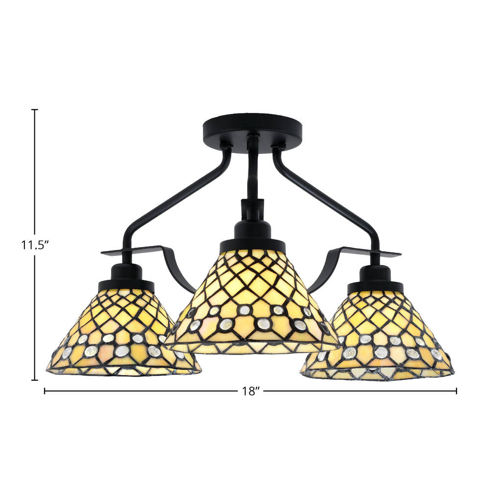 Odyssey Three Light Semi-Flush Mount in Matte Black with 7" Starlight Art Glass Shade
