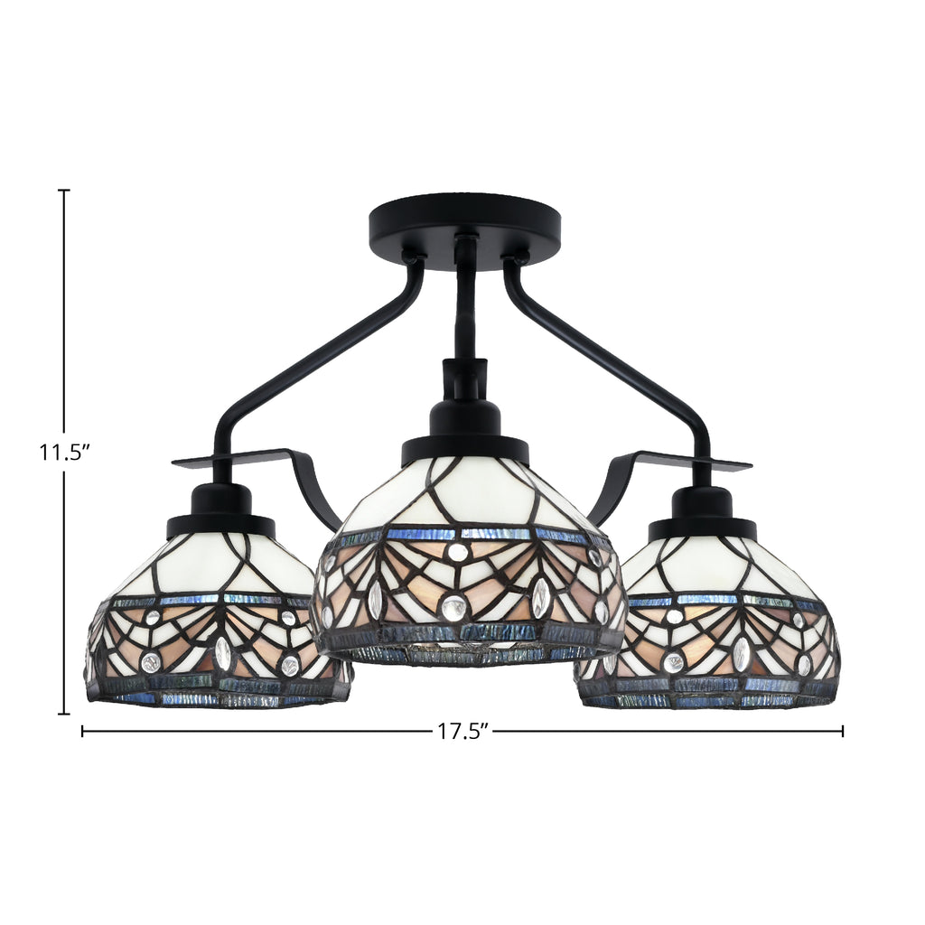 Odyssey Three Light Semi-Flush Mount in Matte Black with 7" Royal Merlot Art Glass Shade