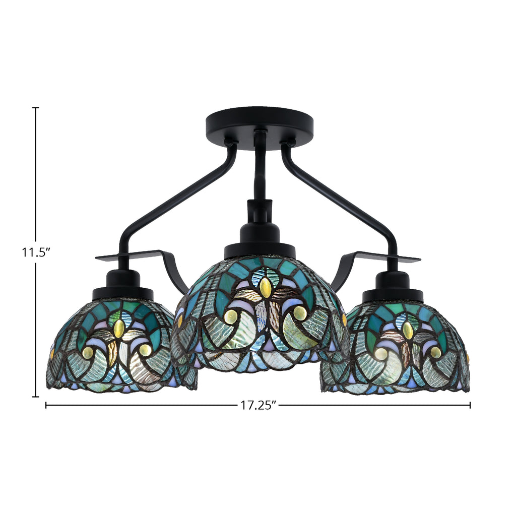 Odyssey Three Light Semi-Flush Mount in Matte Black with 7" Turquoise Cypress Art Glass Shade