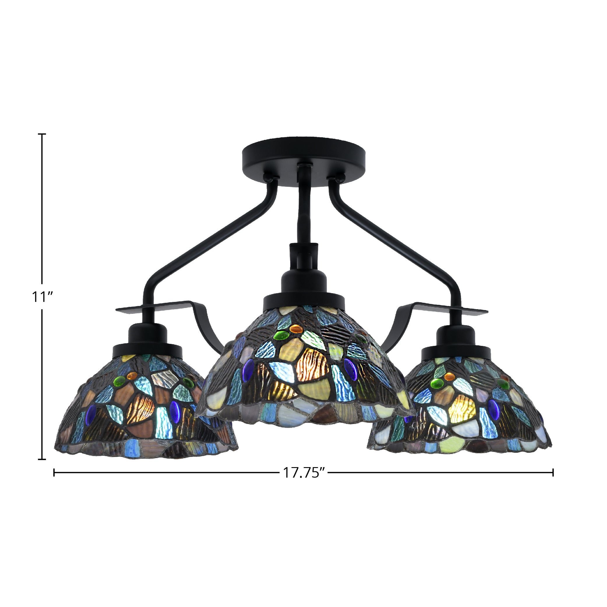 Odyssey Three Light Semi-Flush Mount in Matte Black with 7" Blue Mosaic Art Glass Shade