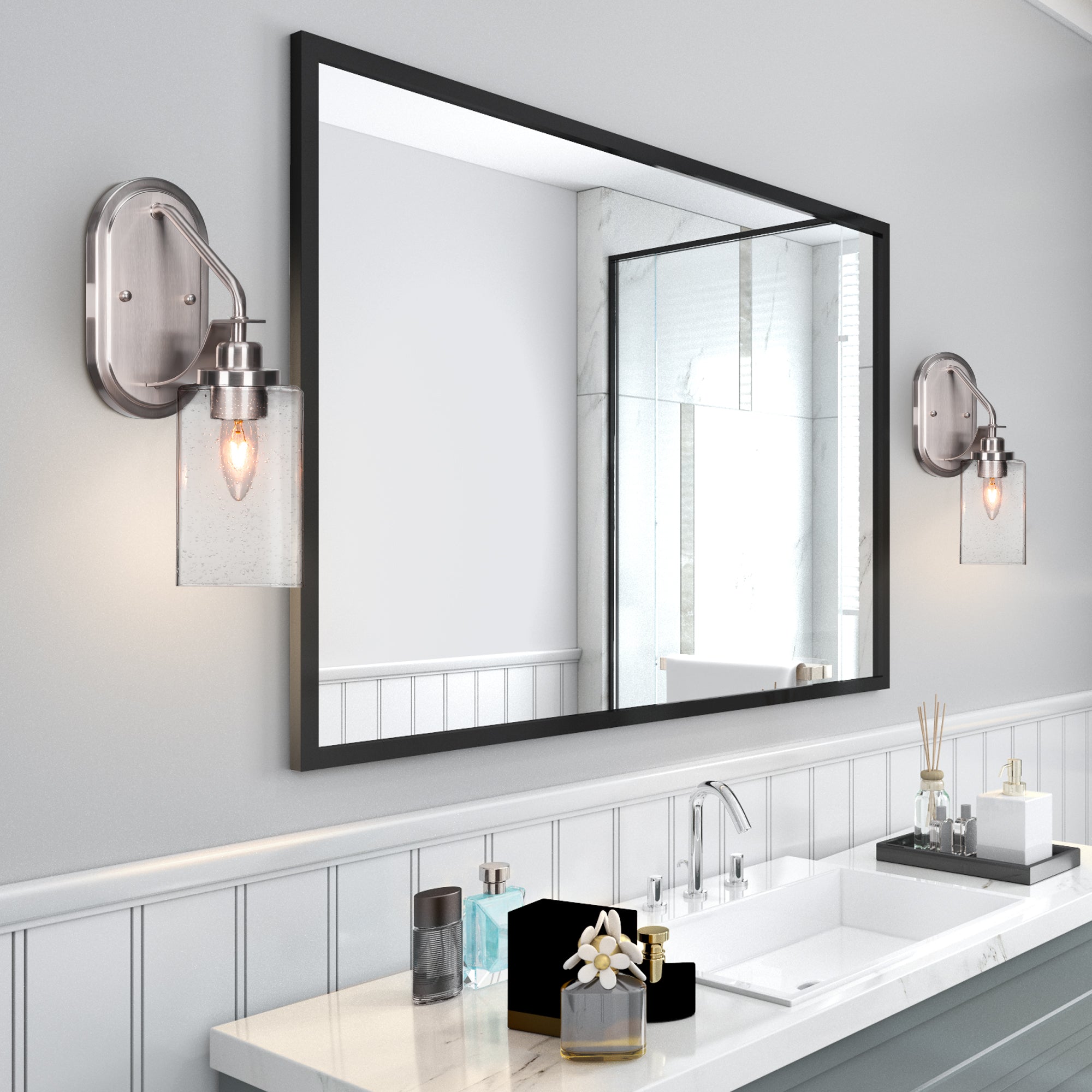 Odyssey One Light Wall Sconce in Brushed Nickel with 4" Square Clear Bubble Shade