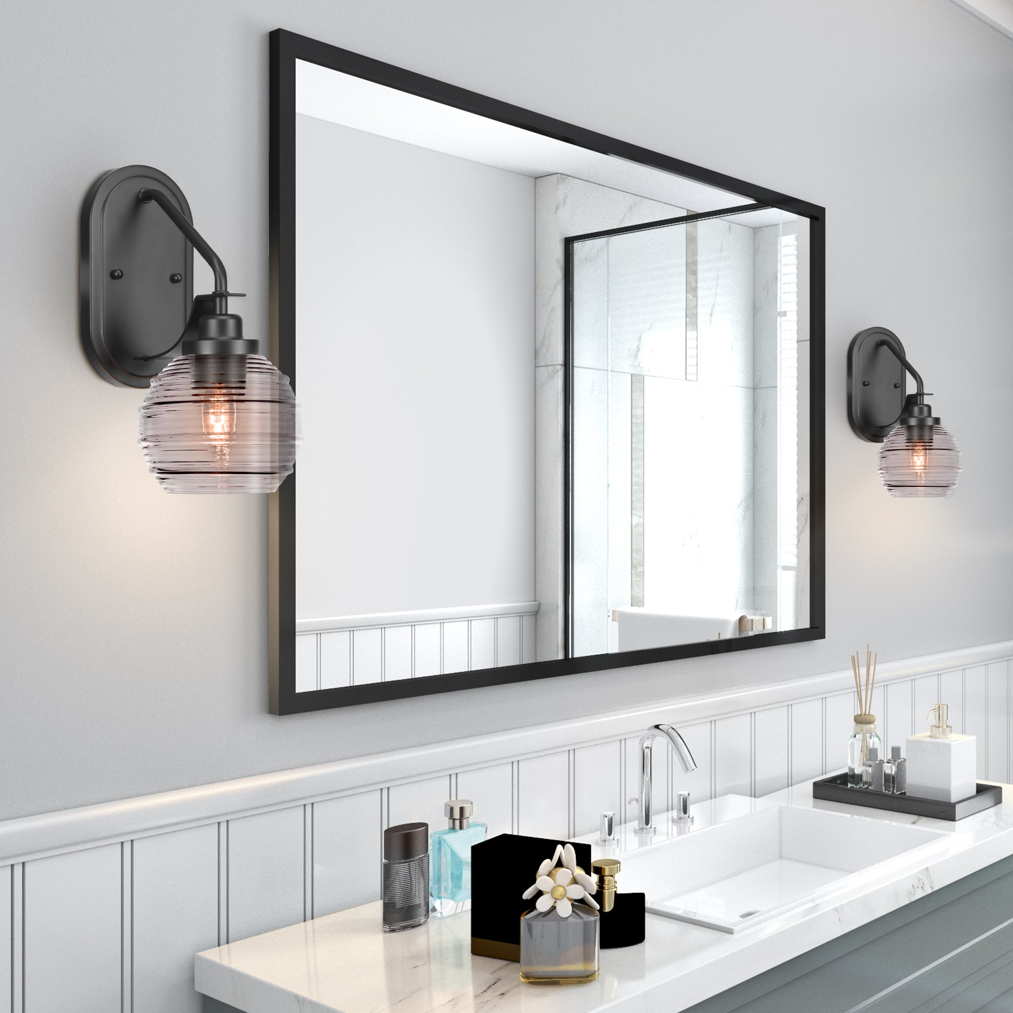Odyssey One Light Wall Sconce in Matte Black with 6" Smoke Ribbed Shade
