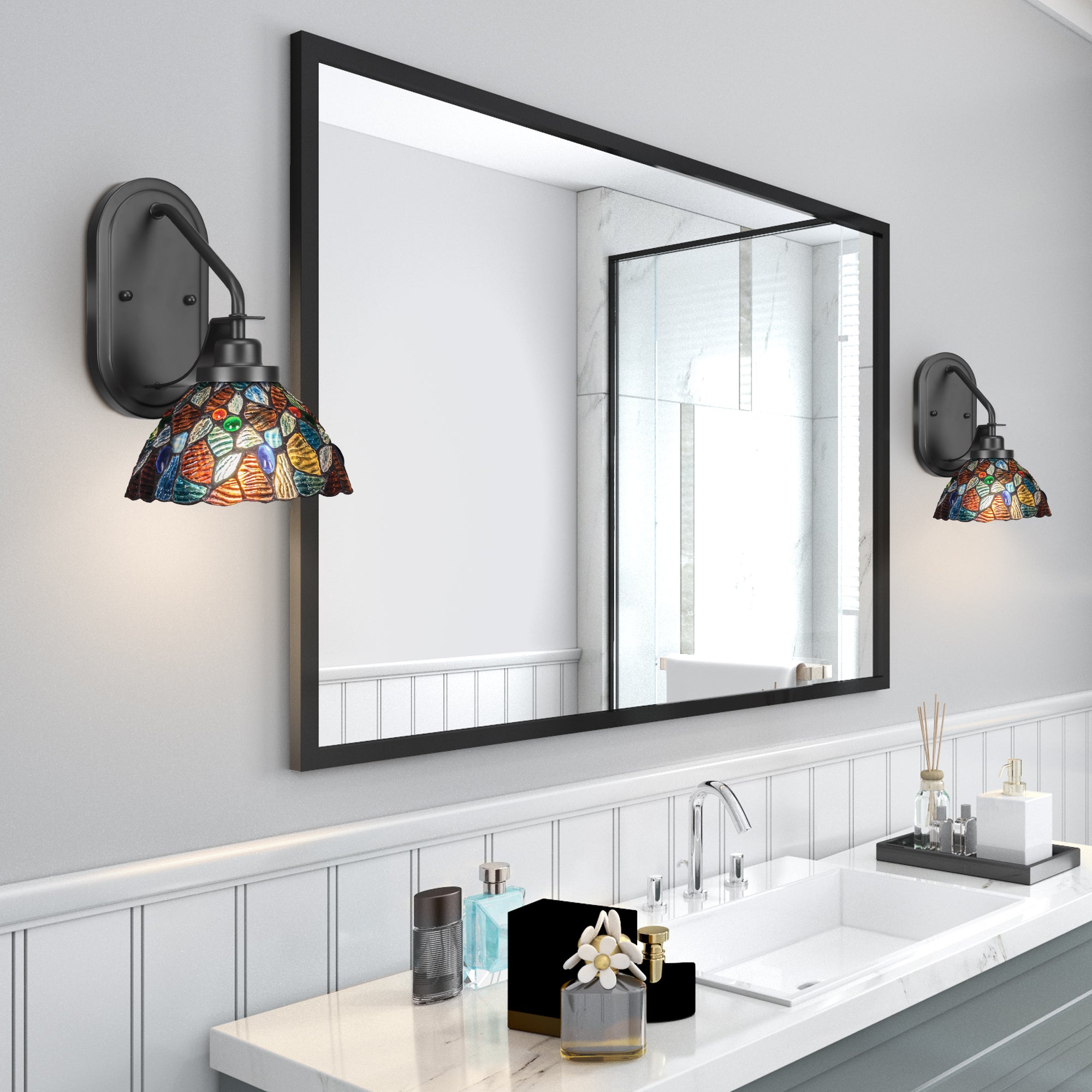Odyssey One Light Wall Sconce in Matte Black with 7" Blue Mosaic Art Glass Shade
