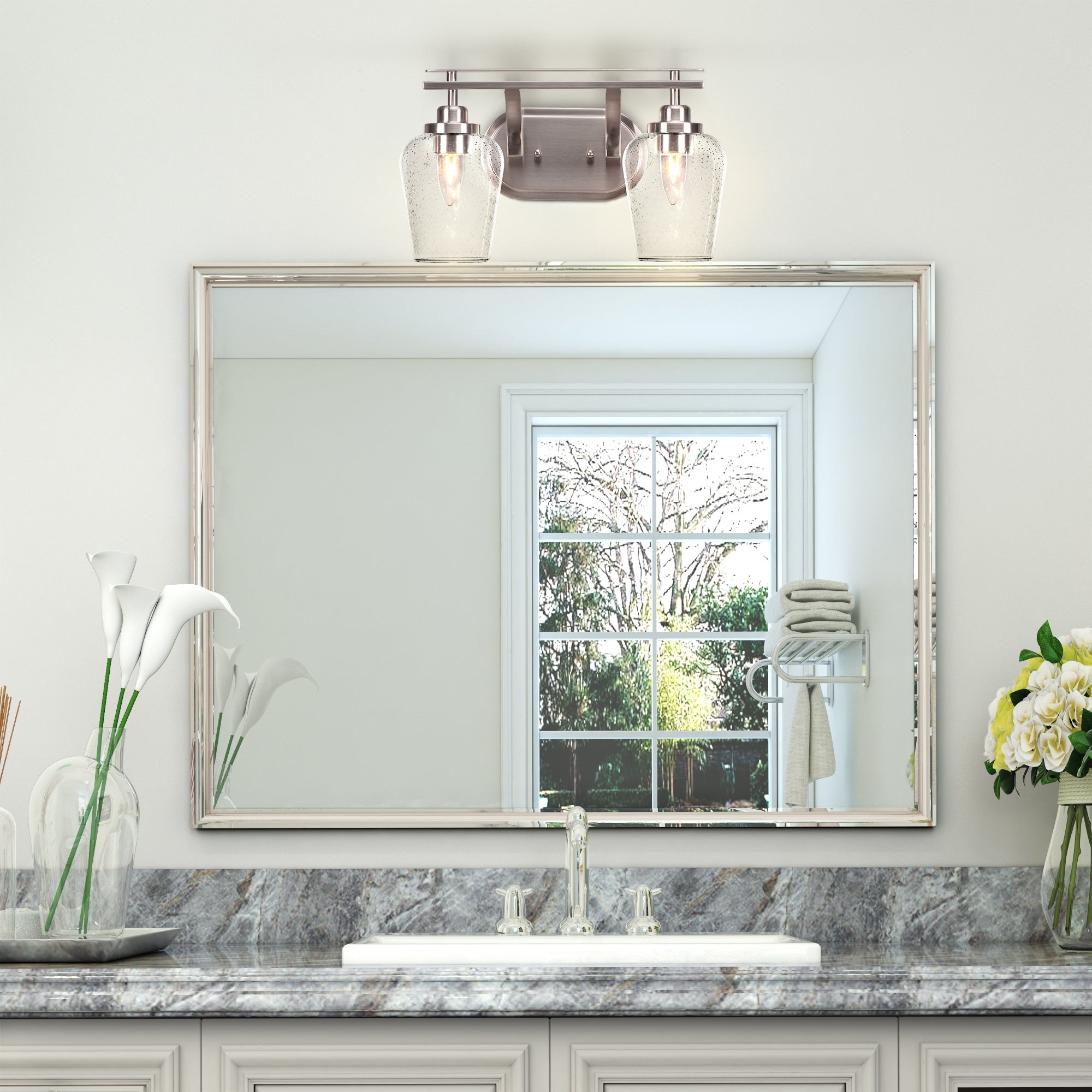 Odyssey Two Light Bath Bar in Brushed Nickel with 5" Clear Bubble Shade