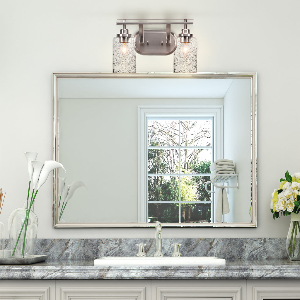 Odyssey Two Light Bath Bar in Brushed Nickel with 4" Smoke Bubble Shade