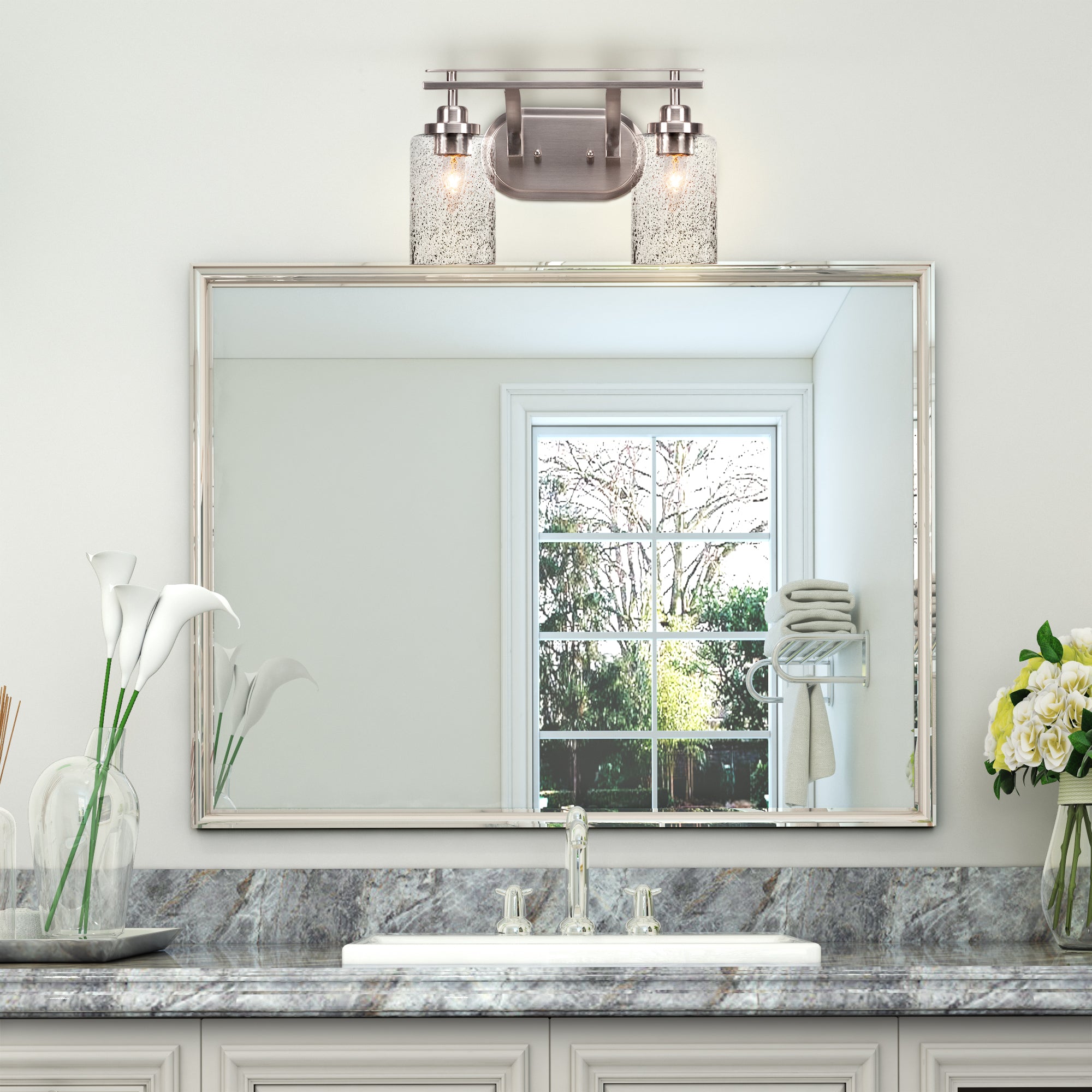 Odyssey Two Light Bath Bar in Brushed Nickel with 4" Smoke Bubble Shade