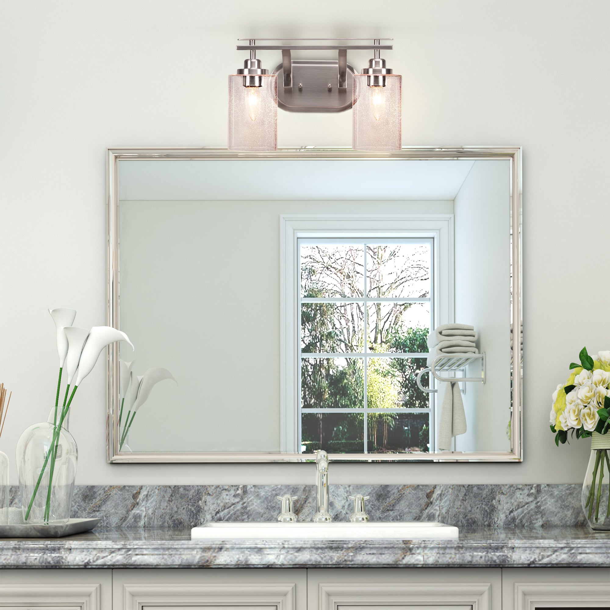 Odyssey Two Light Bath Bar in Brushed Nickel with 4" Clear Bubble Shade