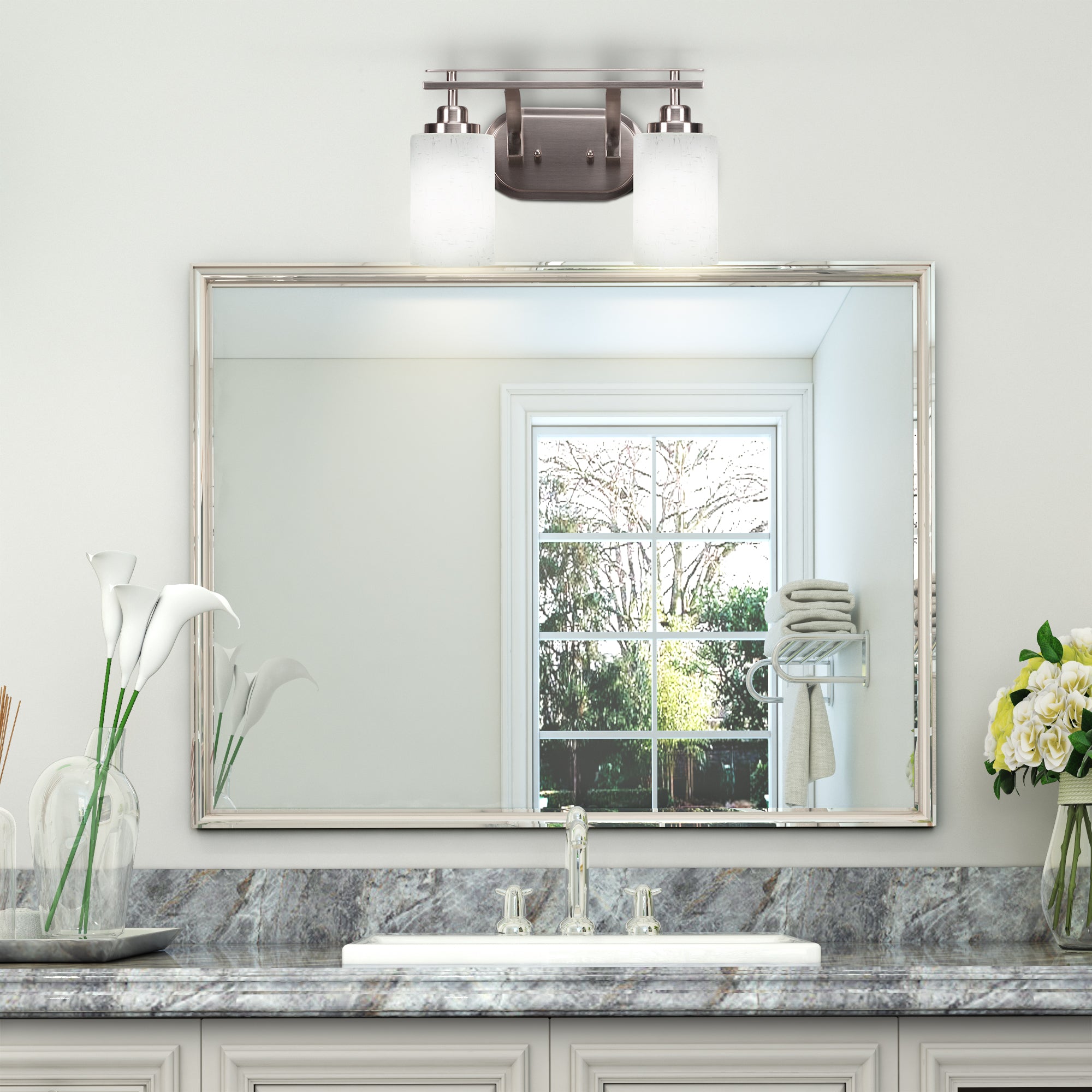Odyssey Two Light Bath Bar in Brushed Nickel with 4" White Muslin Shade