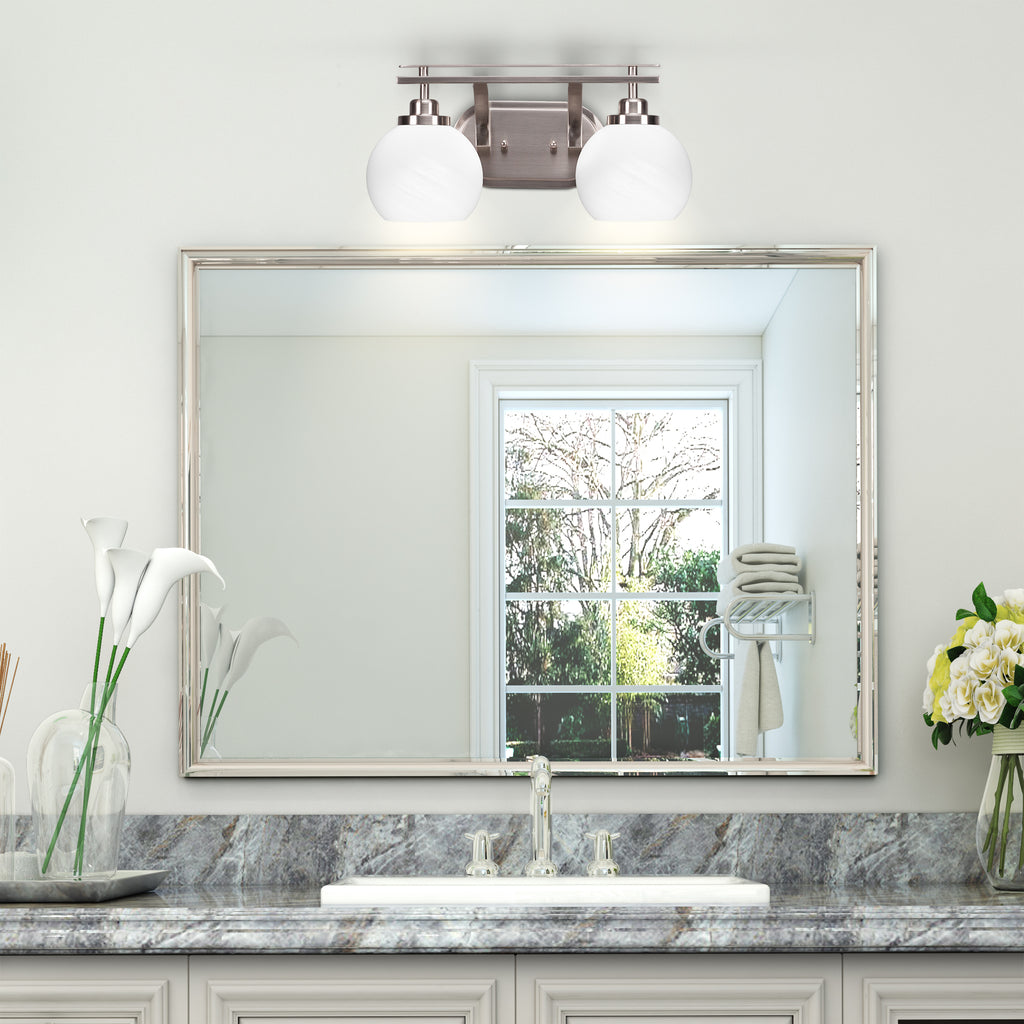 Odyssey Two Light Bath Bar in Brushed Nickel with 5.75" White Marble Shade