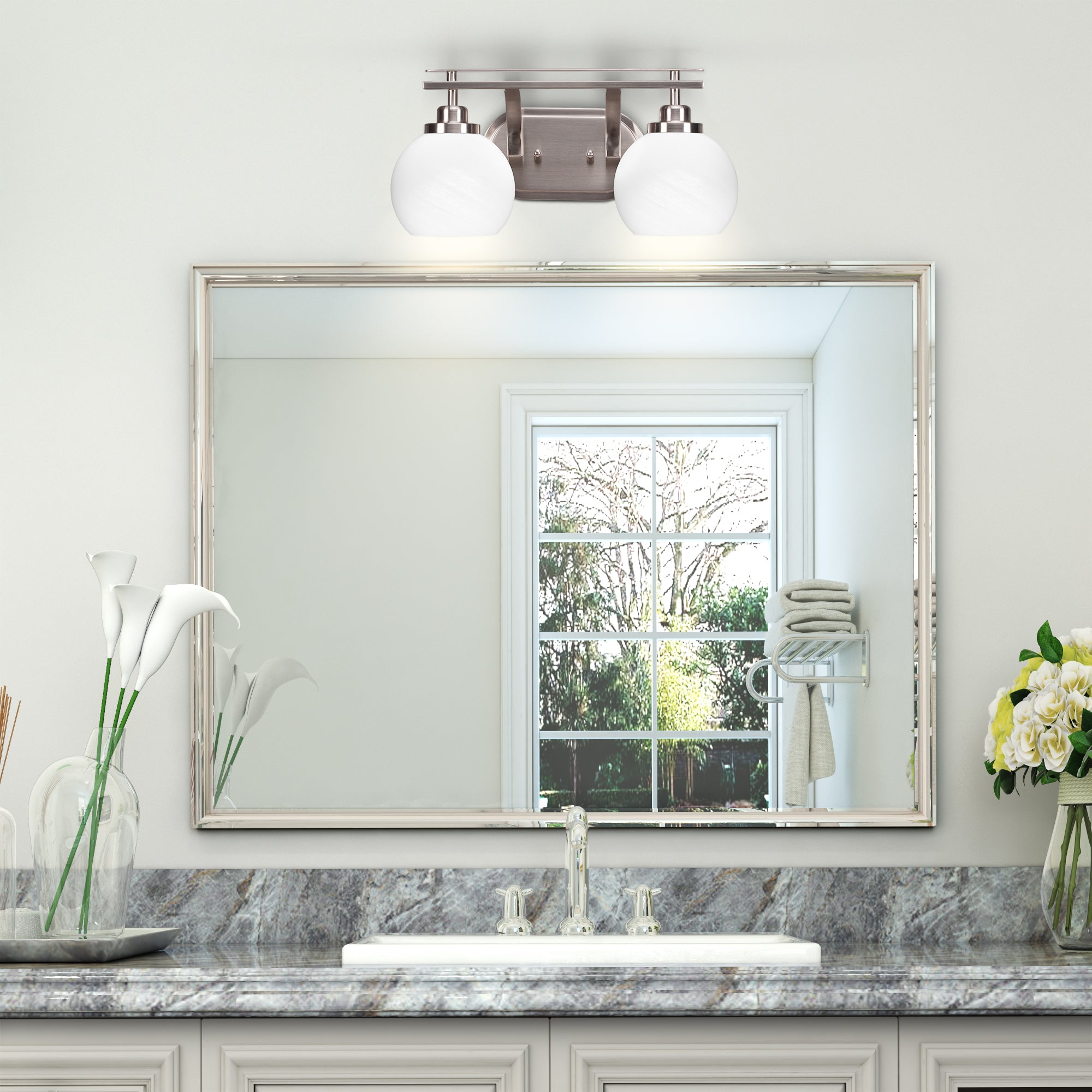 Odyssey Two Light Bath Bar in Brushed Nickel with 5.75" White Marble Shade