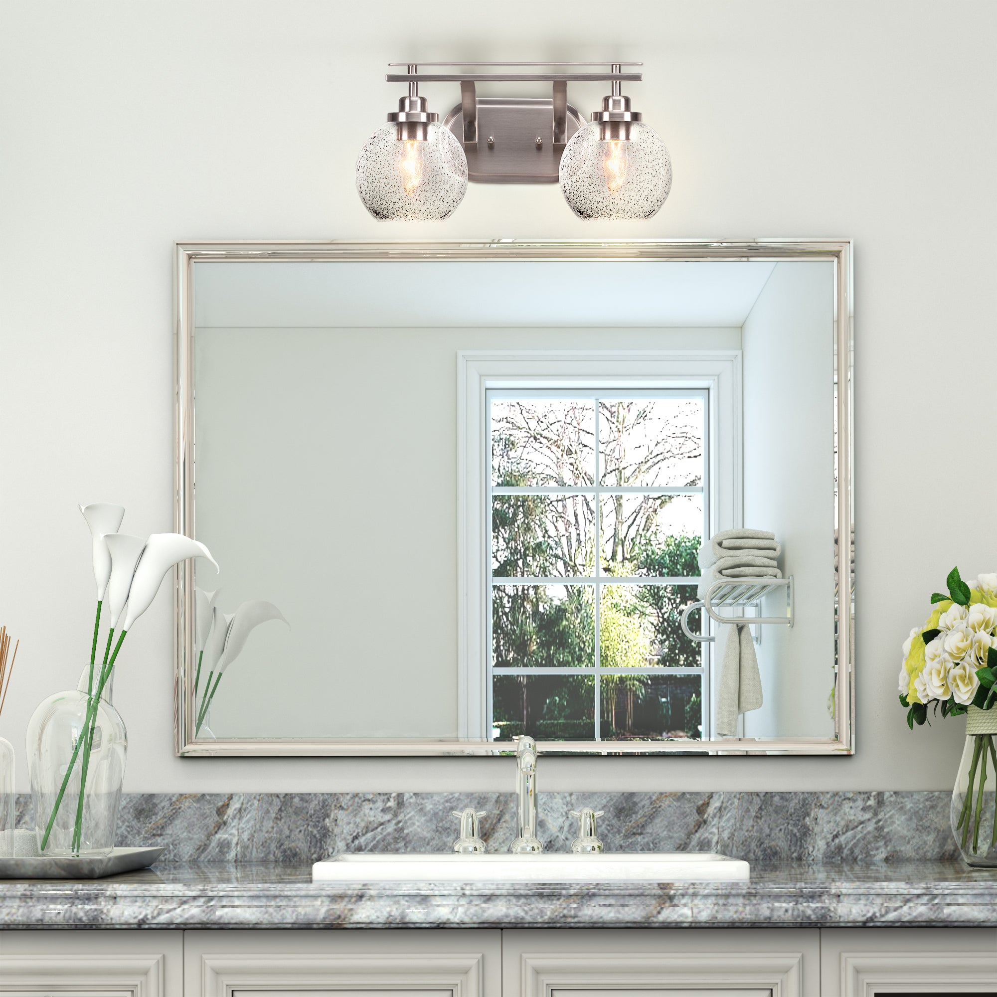 Odyssey Two Light Bath Bar in Brushed Nickel with 5.75" Smoke Bubble Shade