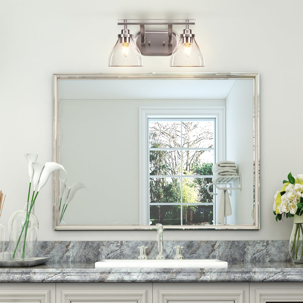 Odyssey Two Light Bath Bar in Brushed Nickel with 6.25" Clear Bubble Shade