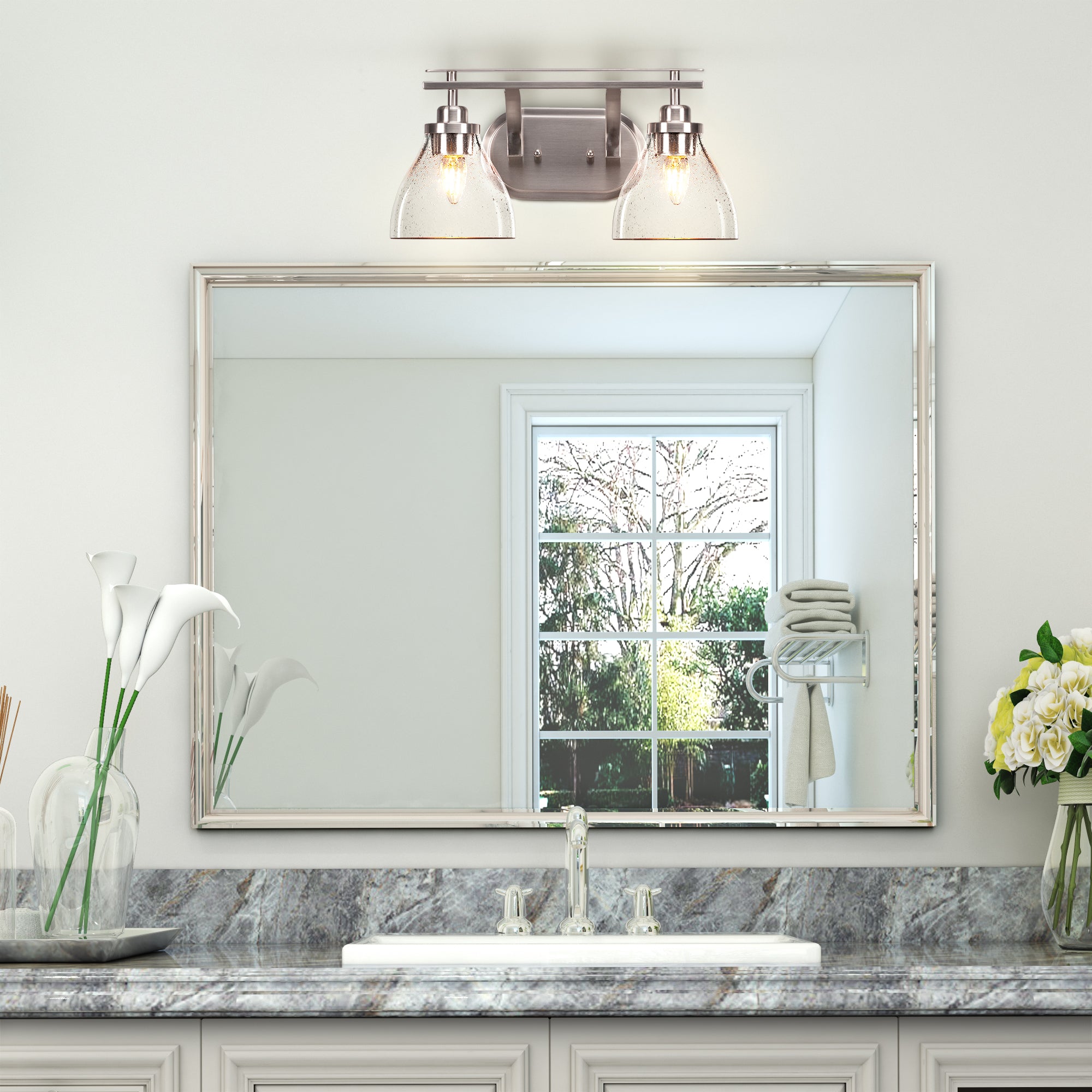 Odyssey Two Light Bath Bar in Brushed Nickel with 6.25" Clear Bubble Shade