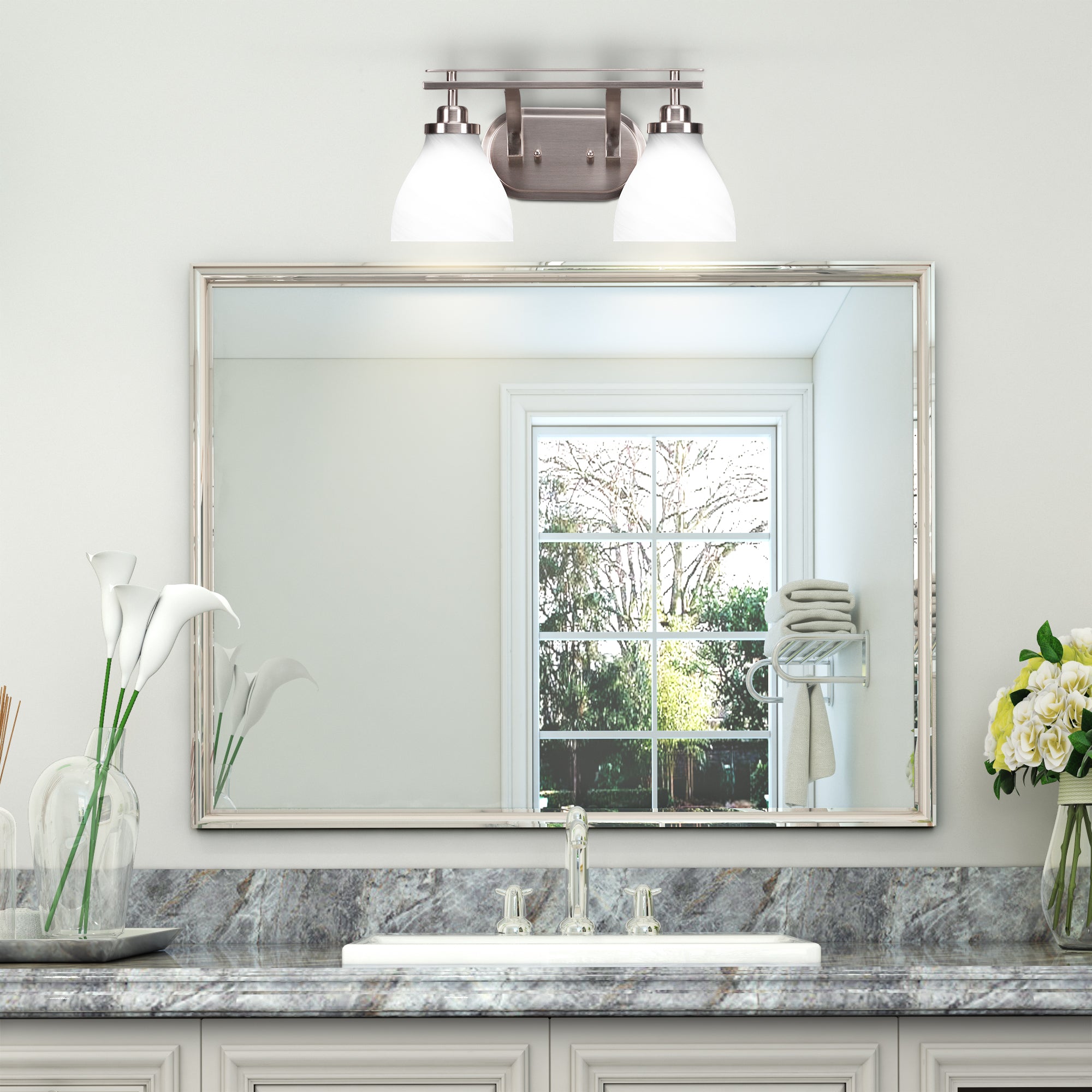 Odyssey Two Light Bath Bar in Brushed Nickel with 6.25" White Marble Shade