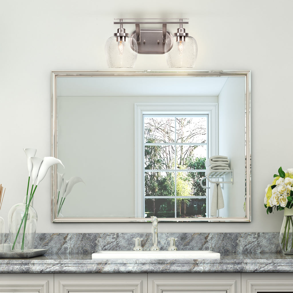 Odyssey Two Light Bath Bar in Brushed Nickel with 6" Clear Bubble Shade