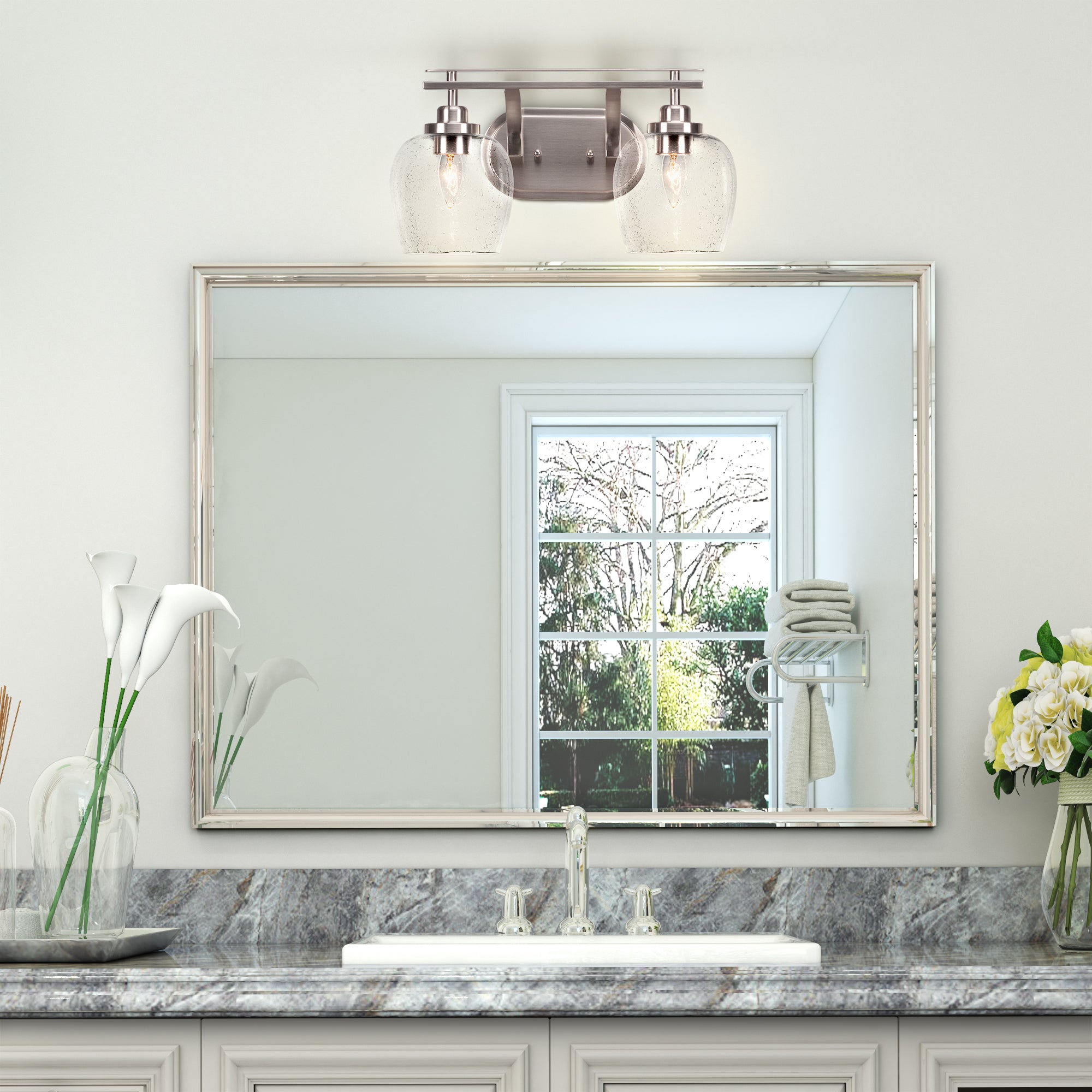 Odyssey Two Light Bath Bar in Brushed Nickel with 6" Clear Bubble Shade