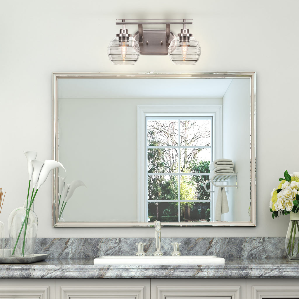 Odyssey Two Light Bath Bar in Brushed Nickel with 6" Clear Ribbed Shade