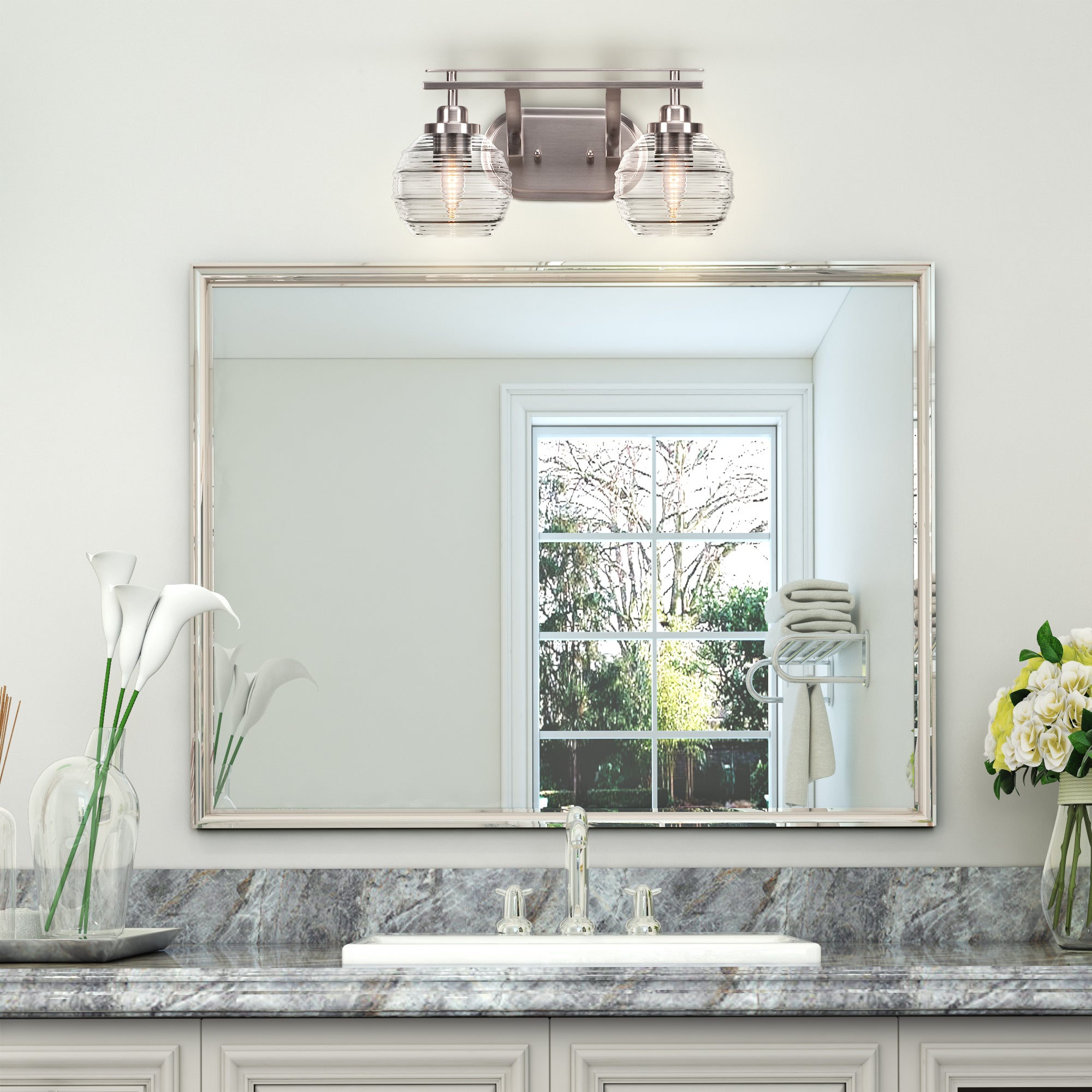 Odyssey Two Light Bath Bar in Brushed Nickel with 6" Clear Ribbed Shade