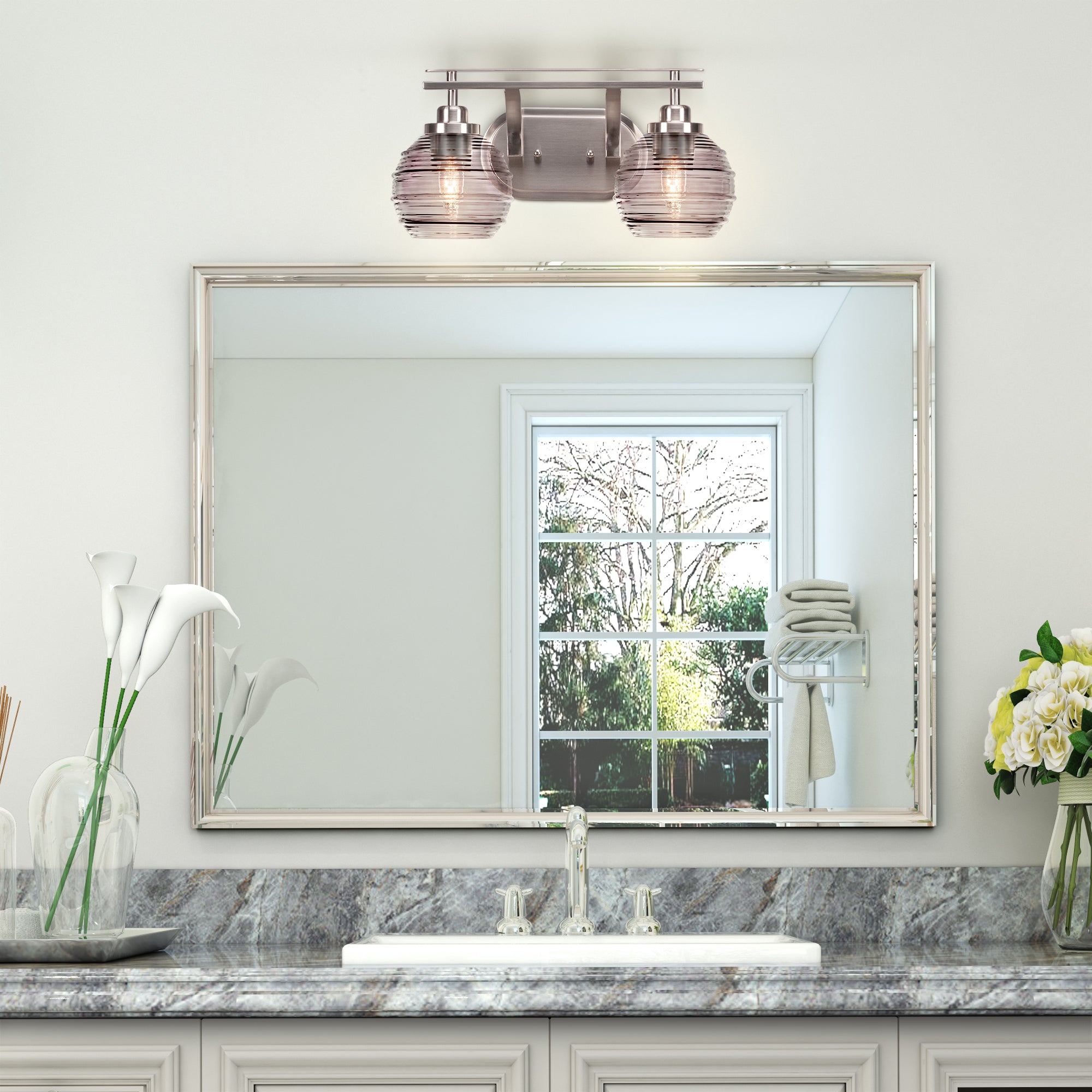 Odyssey Two Light Bath Bar in Brushed Nickel with 6" Smoke Ribbed Shade